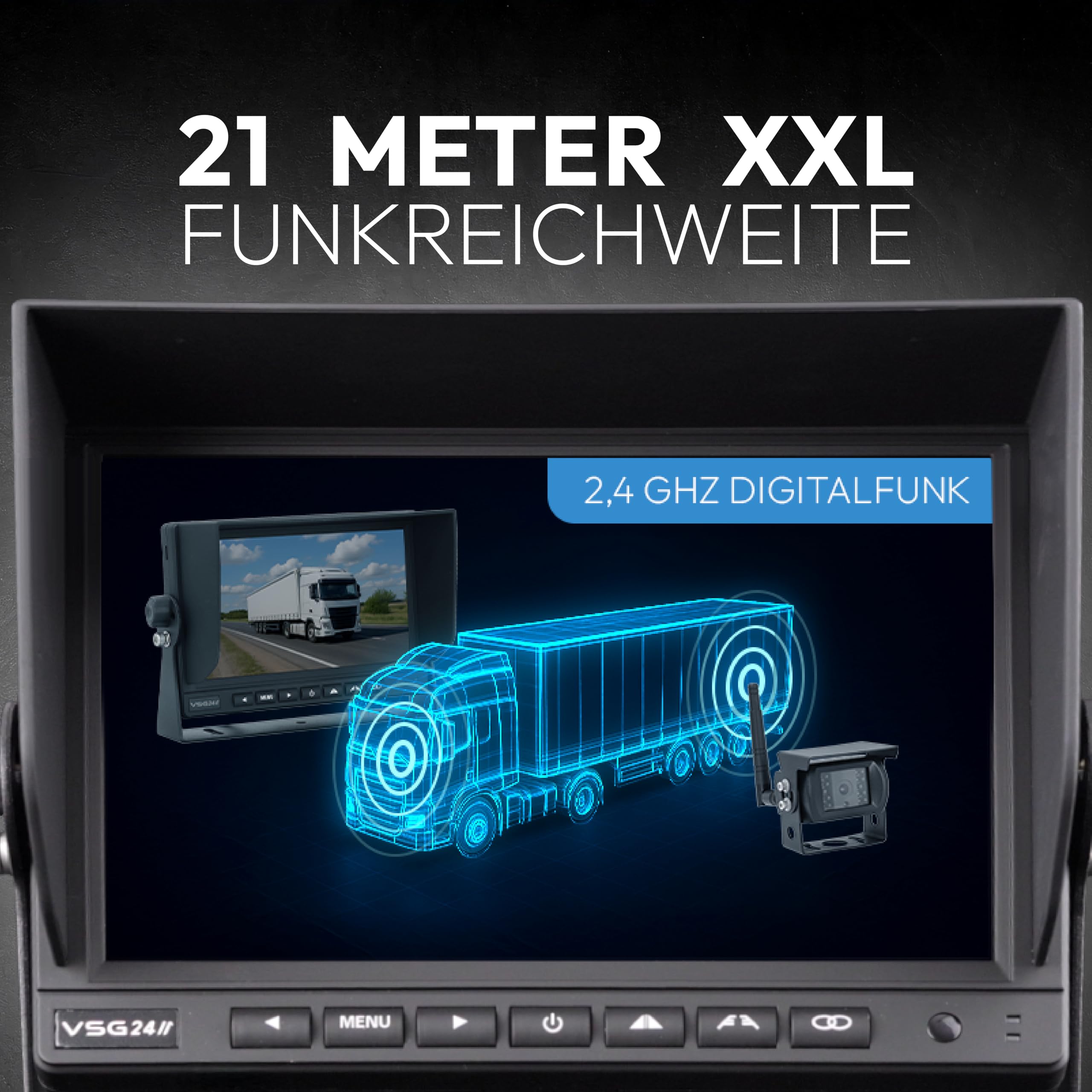 VSG24 7“ Evolution HD Funk Rückfahrsystem für Wohnmobil & LKW, KFZ Set kabellos inkl. Rückfahrkamera + Monitor, einfach zum DIY Nachrüsten 12V-24V, Kamera digital, Auto Rückspiegel Einparkhilfe
