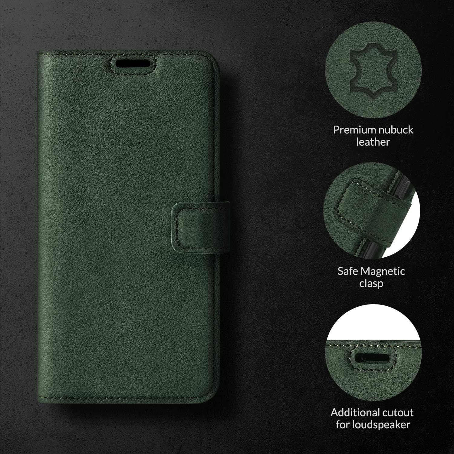 SURAZO Prestige Mobile Phone Case for Samsung Galaxy S21 FE 5G - Premium Genuine Leather Protective Case with Stand Function, Card Slot, RFID Protection, Flip Wallet Case, Handmade in Europe (Dark
