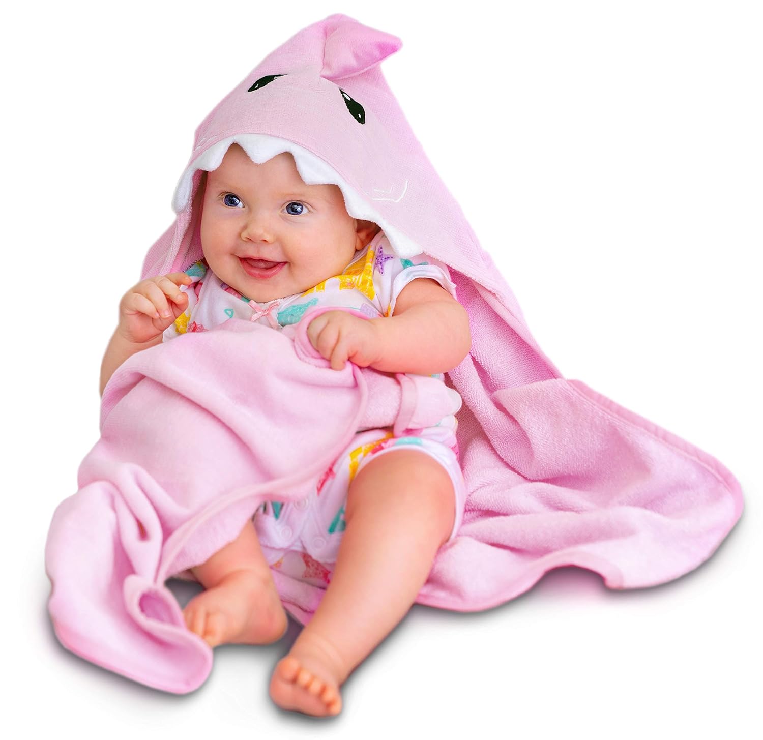 Hudz Kidz Hooded Baby Shark Towel, Soft 100% Cotton, Perfect for Newborn Through Toddler (Pink)
