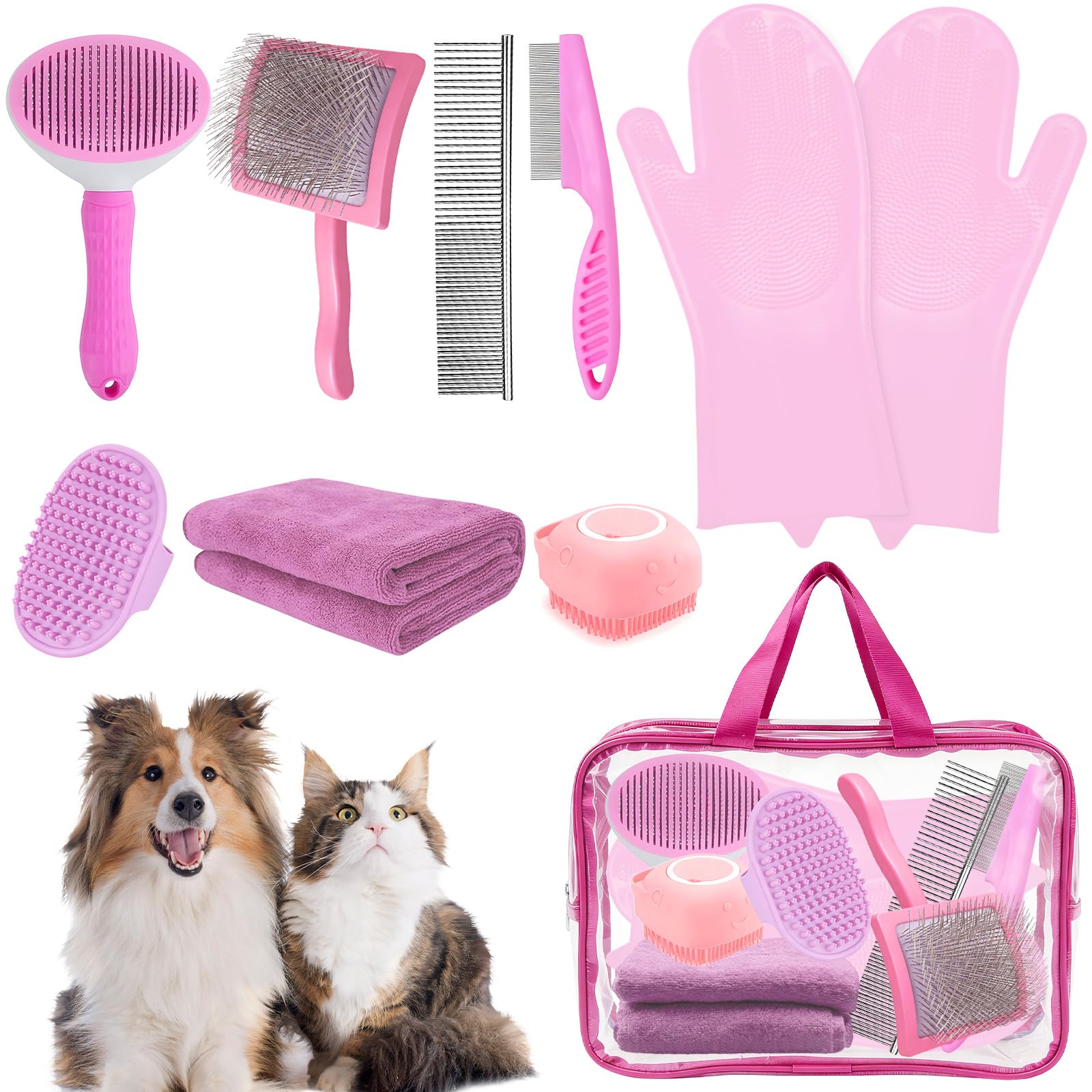 8PCS Dog Slicker Brush for Dogs Grooming Kit,Bath Grooming Kit for Pets,Hair Brush Set with Towel,Washing Gloves,Slicker Comb,and Shampoo Scrubber