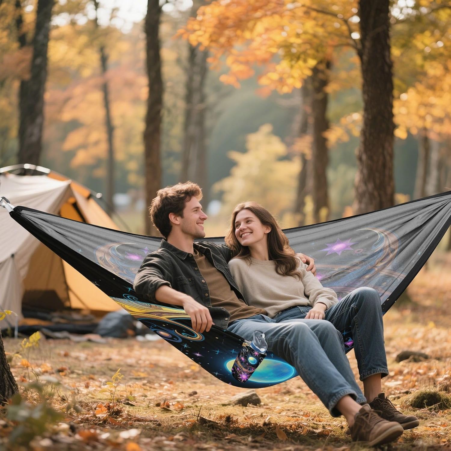 ALAZA Alchemy Crescent Moon and Stars Camping Hammocks Single or 2 Person 500 lbs Portable Parachute Travel Hammock w/Tree Straps for Hiking Backpacking Indoor Outdoor