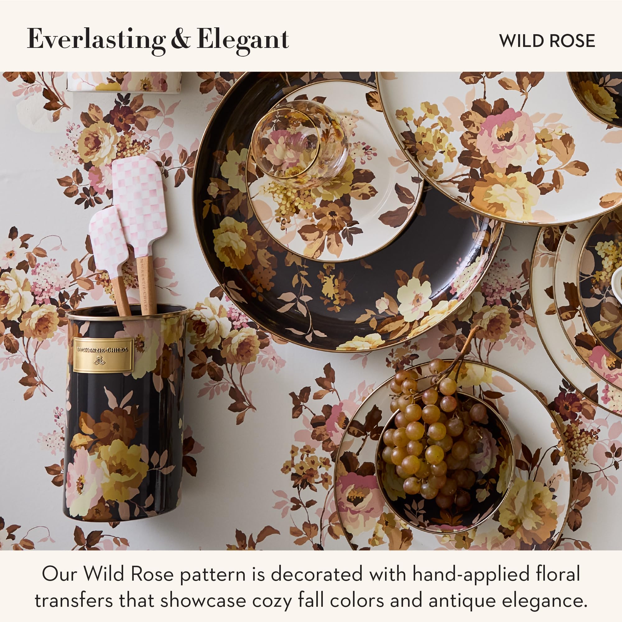 MACKENZIE-CHILDS Enamel Canister Medium Wild Rose Brown | Hand-applied design made from enameled steel versatile kitchen storage container for flour and sugar 48-ounce capacity product thumbnail 5
