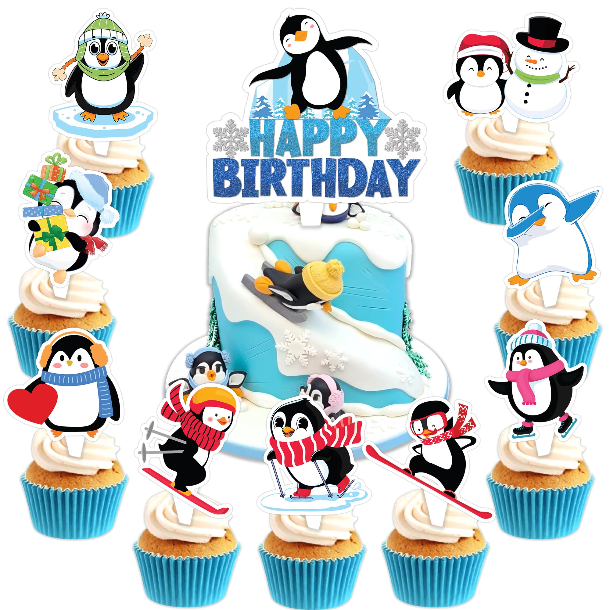 Penguin Cake Topper Picks, 25PCS Winter Penguin Cupcake Toppers Cake Decorations Penguins Christmas Themed Birthday Party Supplies Favors Decor Centerpiece Table for Boys Girls Carnival Rewards Prizes