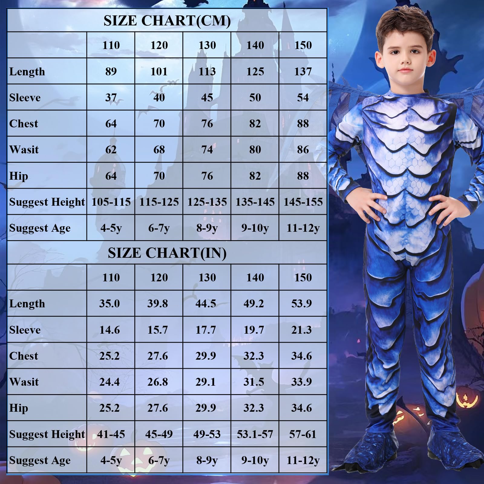 Disfraz de dragón para niños, disfraz de dragón con cola de alas y máscara para niños y niñas, Halloween, carnaval, dragón azul, para niños 4, 5, 6, 7, 8, 9, 10, 11, 12 años