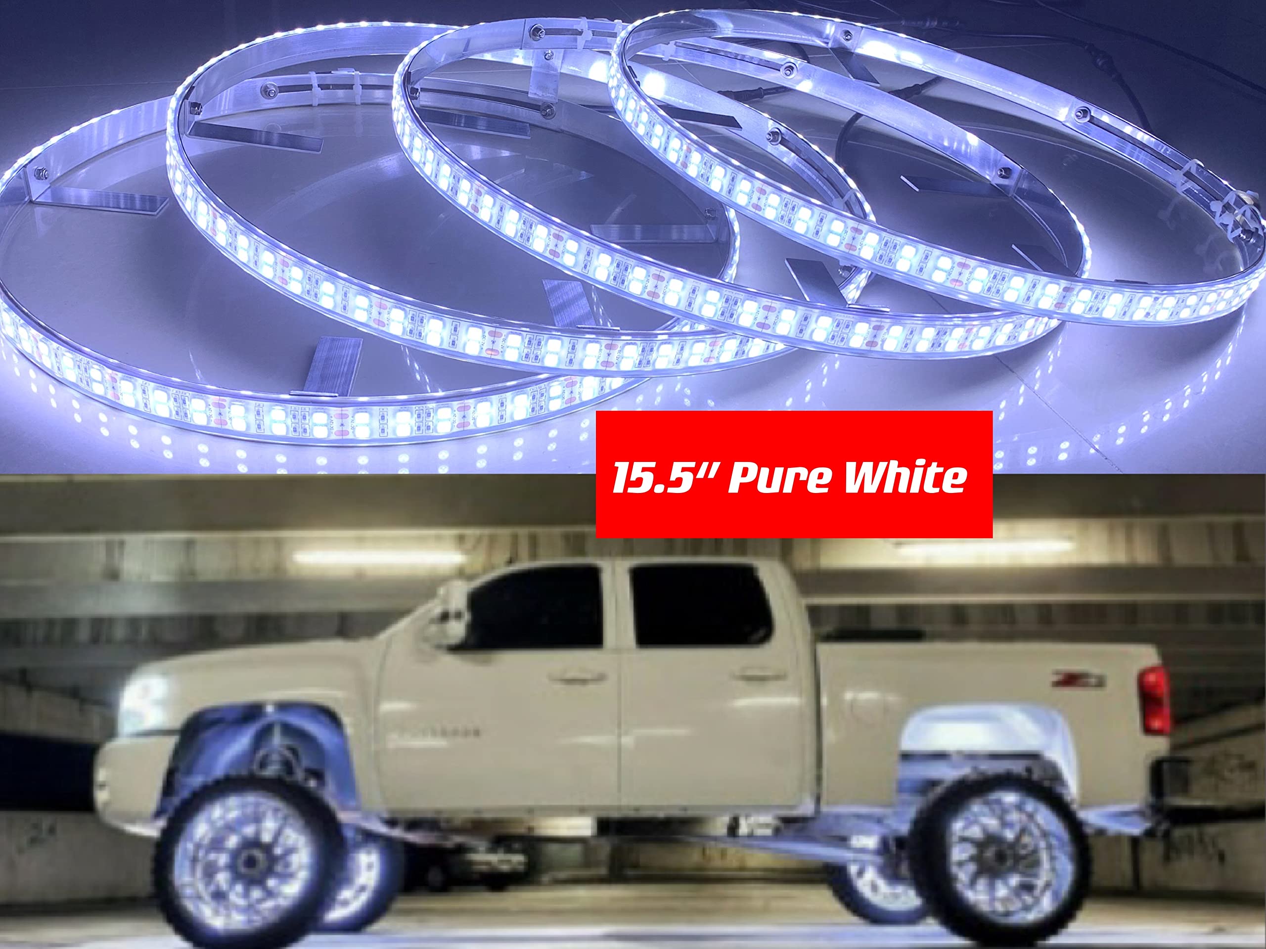 Sando TechSando Tech IP68 Waterproof 15.5‘’ PURE WHITE Double Row Dual Raw 300Leds Brightest Strobe Led Wheel Ring Lights Rim Lights Car Tire Lights Switch Control - 4 Lights