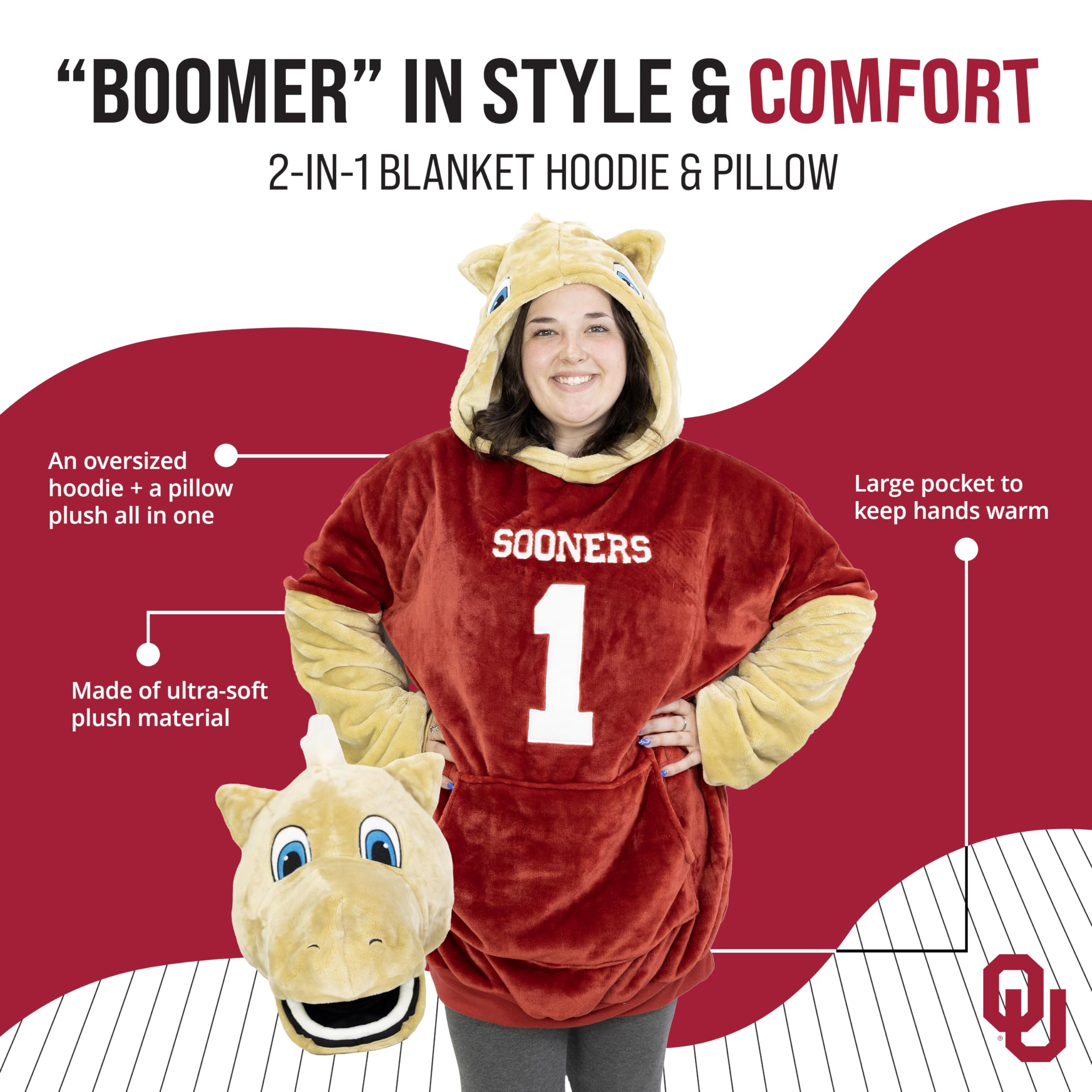 Plushible Wearable Blanket Hoodie, University of Oklahoma, 2-in-1 Oversized Hoodie Blanket Pillow, Long Sleeve Sweatshirt Pocket, Cozy Valentine Gift for Men & Women
