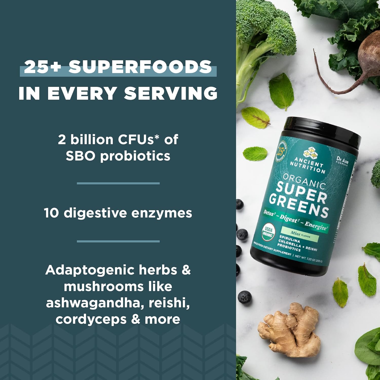 Ancient Nutrition SuperGreens Powder with Probiotics, Organic Peppermint Flavor Greens, Made from Real Fruits, Vegetables and Herbs, for Digestive and Energy Support, 25 Servings, 7.23oz