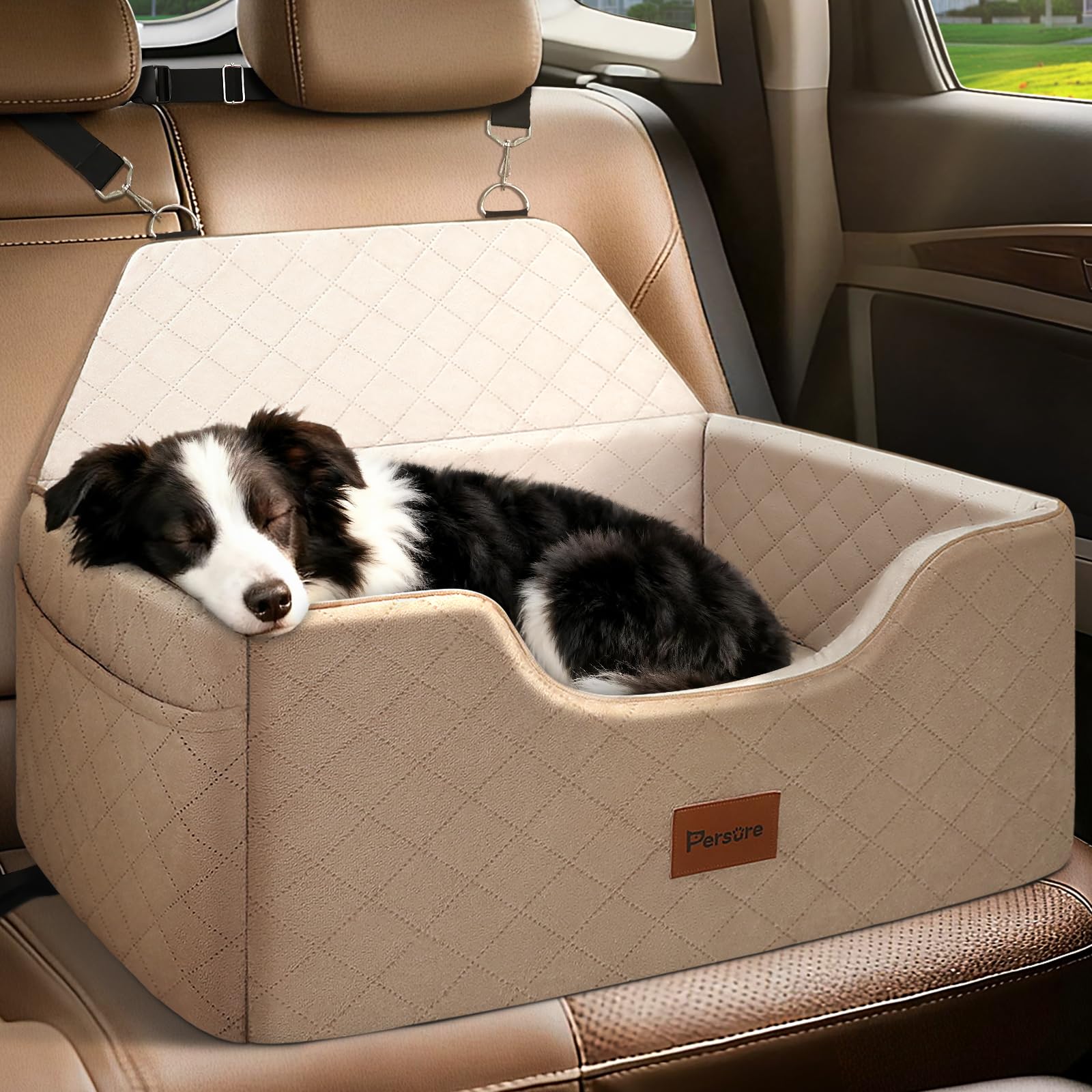Persure Hunde-Autositz für große und mittelgroße Hunde, abnehmbarer, waschbarer Hunde-Sitz, Haustier-Reisebett mit Aufbewahrungstaschen und Sicherheitsgurt für Hunde, Kaffee, Größe L
