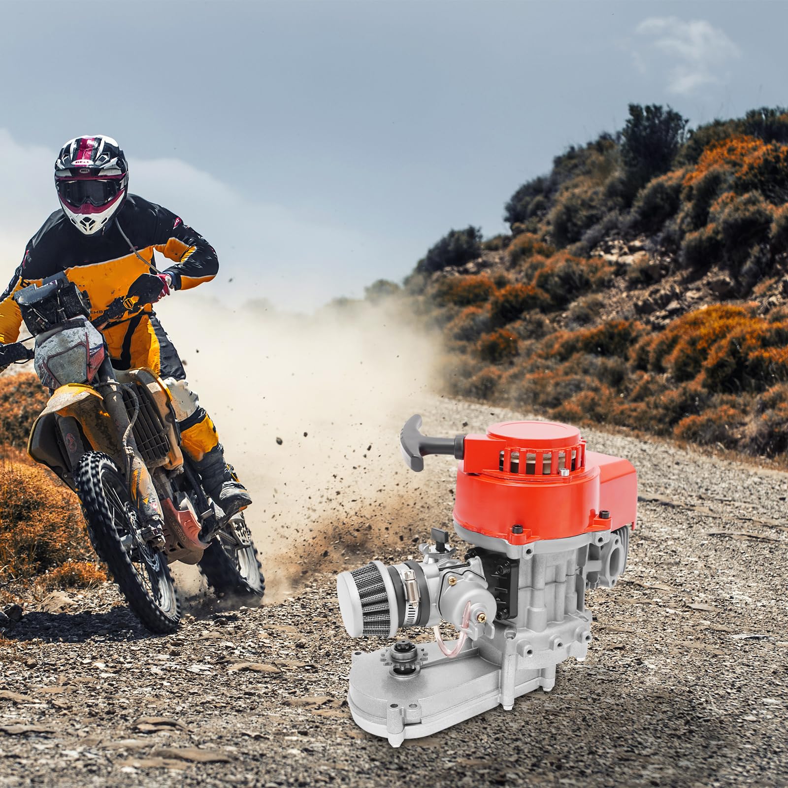 Motore 49cc Mini Moto, Motore a Due Tempi Monocilindrico, Raffreddato ad Aria, 1,7kW/3PS,Carburatore a Galleggiante,Avviamento a Fune Automatico,Alta Potenza e Durata,Compatibile Pocket Bike
