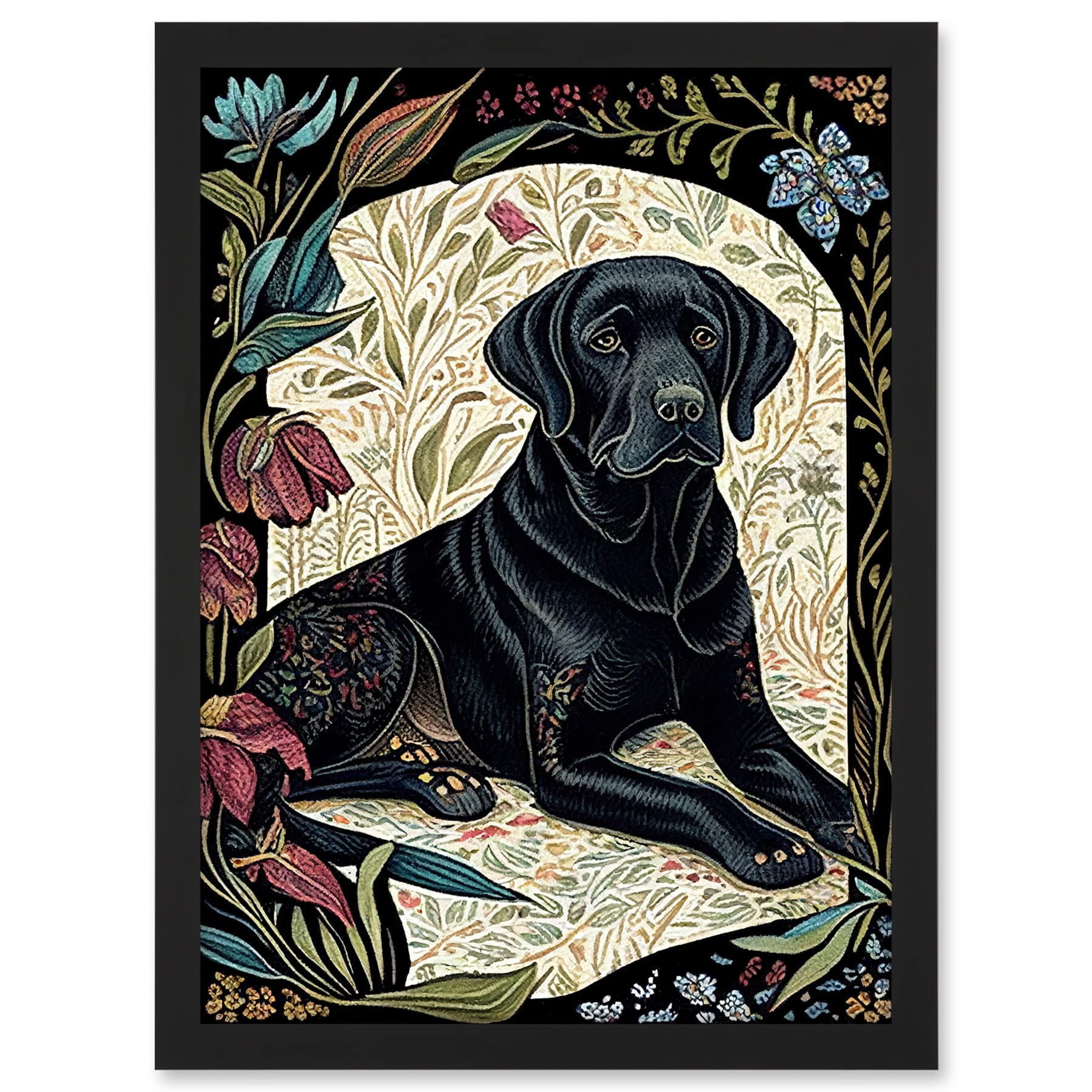 Artery8 Black Labrador Dog with Floral Patterns Vintage Inspired Linocut Illustration Artwork Framed A3 Wall Art Print