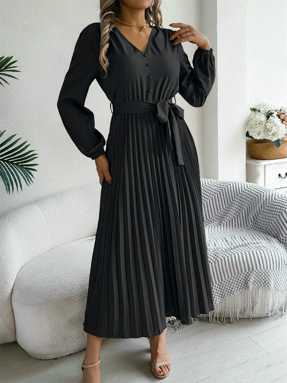 Vestiti a Maniche Lunghe Abito Stringato da Donna con Scollo V, Gonna Lunga Pieghe Abbottonato per La Sera Elegante Autunno Inverno E l'Abbigliamento Quotidiano-Bordeaux-XL