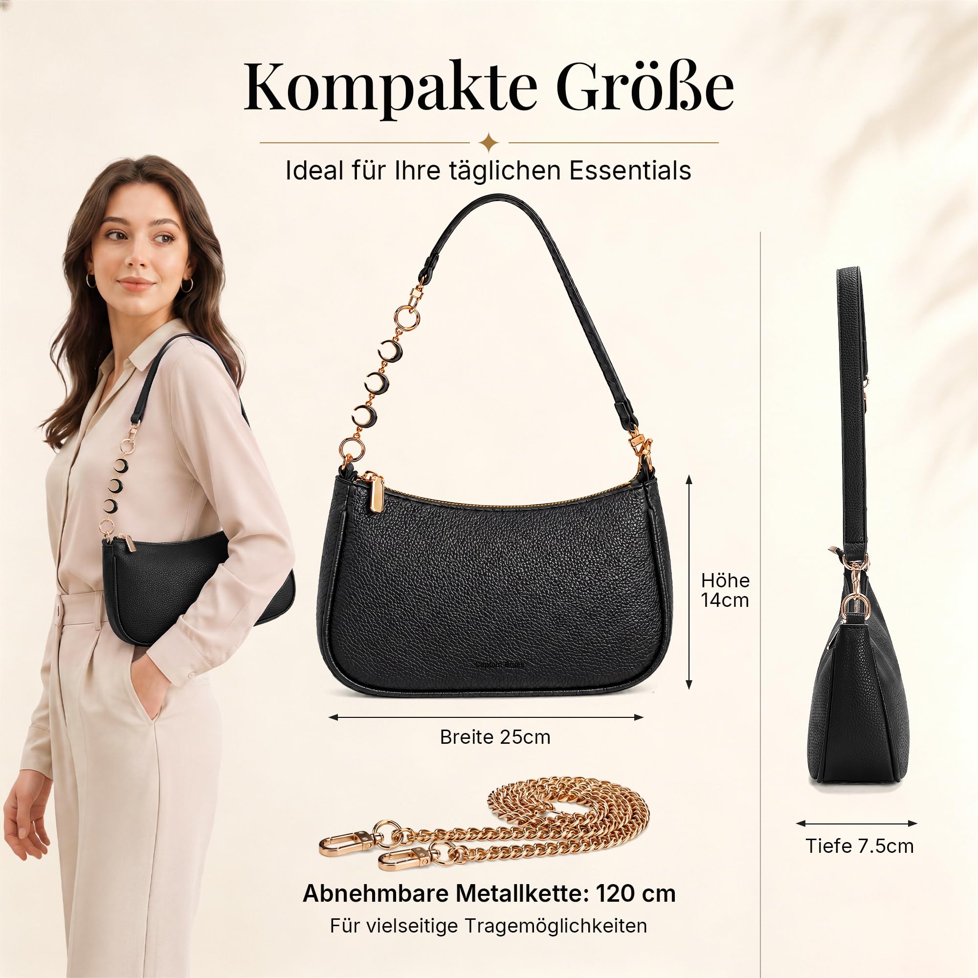Captain Blues Handtasche Damen Klein, Schultertasche Damen, kleine Handtasche Damen mit Reißverschluss, PU Leder Tasche mit kurzem Schulterriemen, goldener Kette und Zierkette