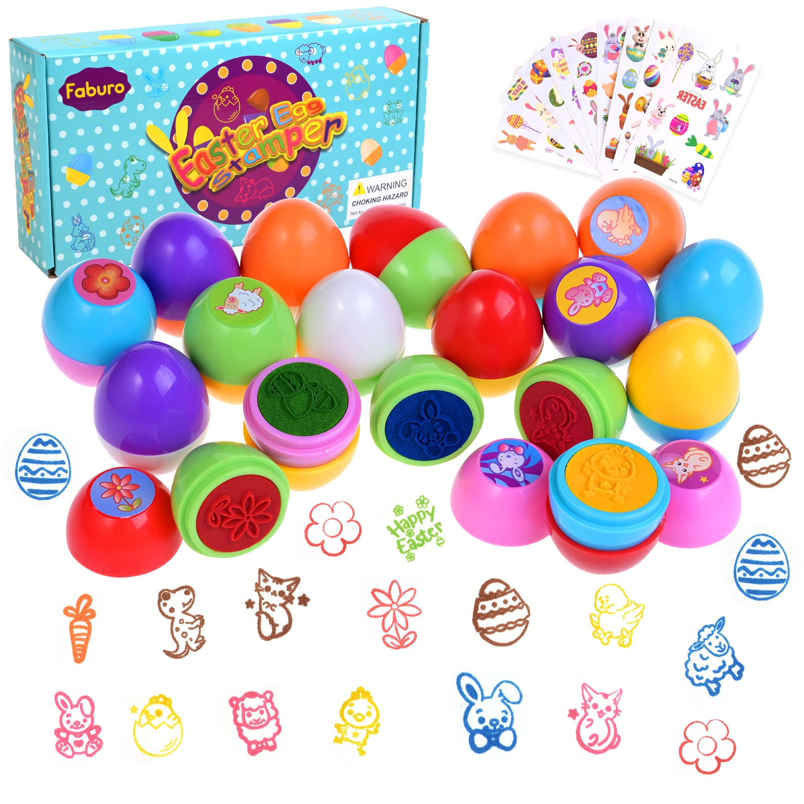 Faburo Easter Egg Stampers, 18PCS Easter Stamps and 10PCS Easter Stickers for Kids Easter Card DIY Scrapbooking Easter Party Fillers Bags Easter Egg Hunt Craft Hunt Game