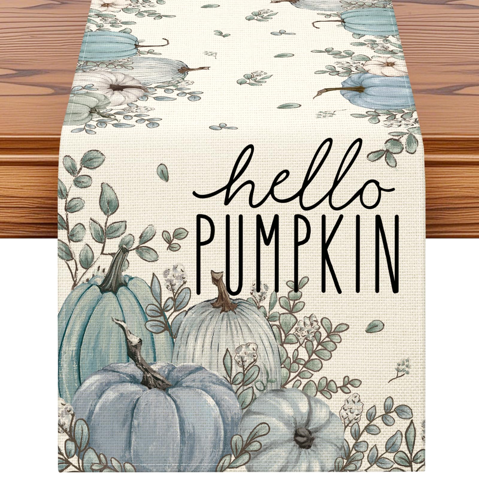 Artscope Hello Pumpkin Table Runner Autumn Thanksgiving Holiday with Blue Pumpkins Pattern Seasonal Kitchen Dining Table Runner Decoration for Home Fall Party Decor 40x300 cm