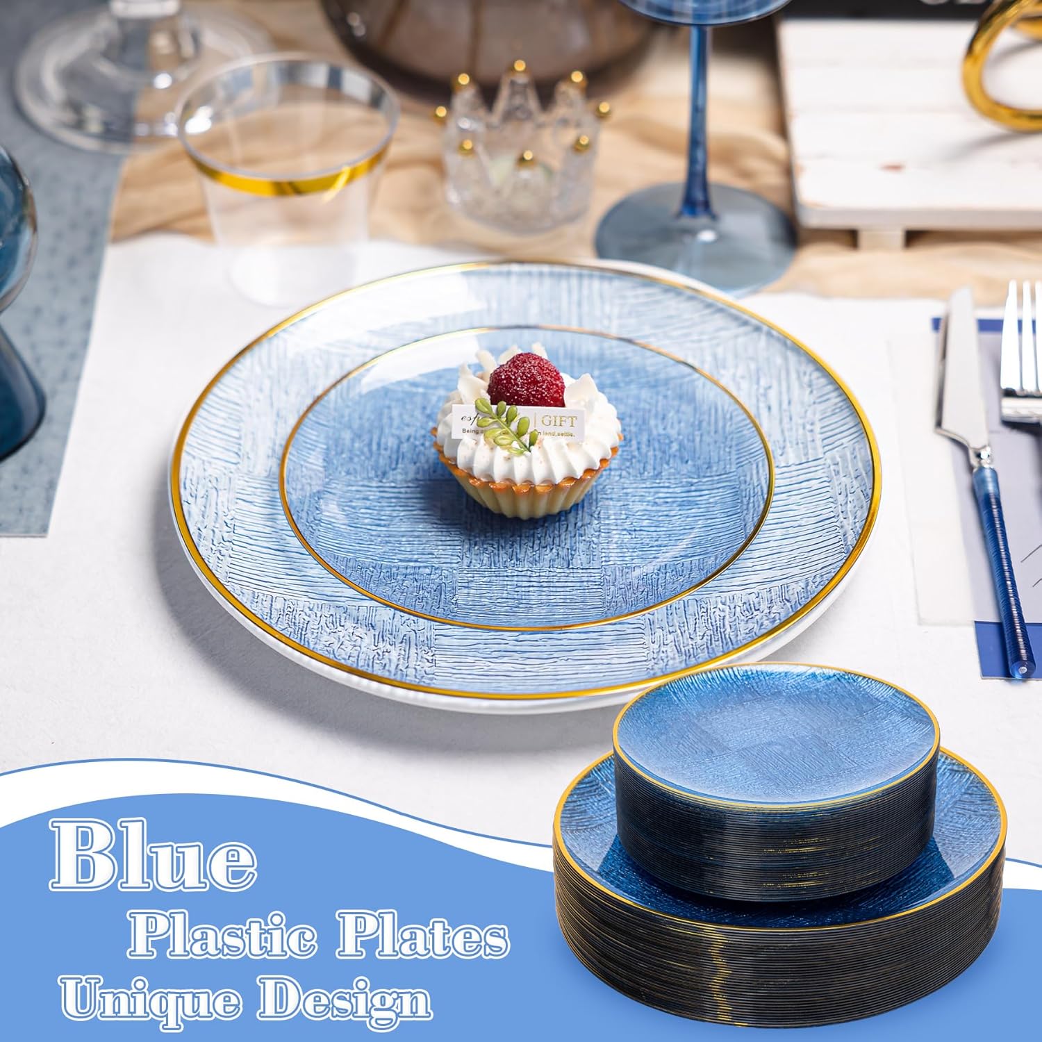120 PCS Blue Clear Plastic Plates, Geometric Embossed Disposable Plates with Gold Rim, Heavy-duty Gold Plates Include 10" Dinner Plate and 7" Salad Plate for Party and Wedding - Image 3