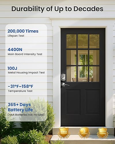 Miniatura 6 de Veise Cerradura de puerta de entrada sin llave con 2 manijas de palanca, cerrojo electrónico para teclado, juego de cerradura digital inteligente de