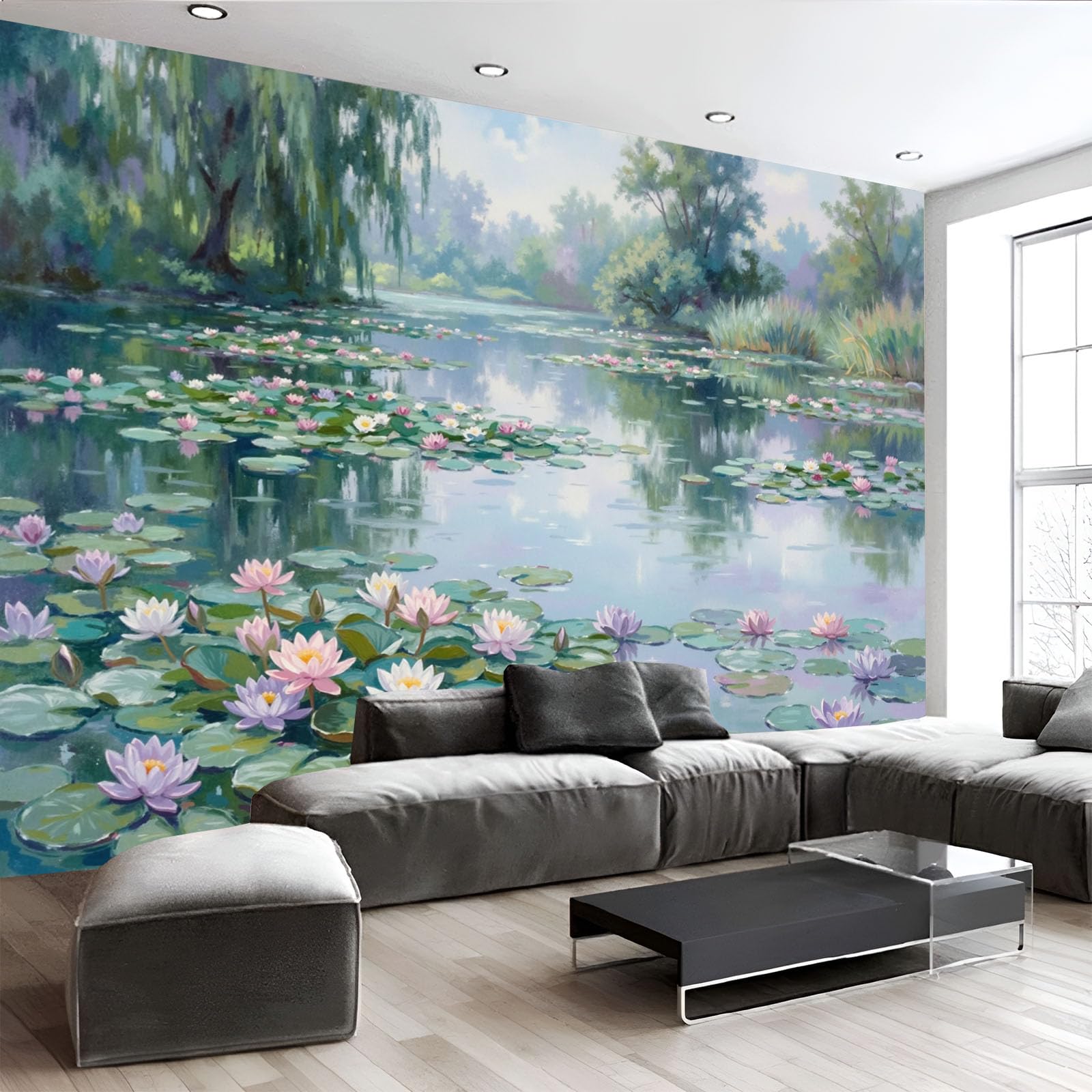Papier Peint Soie Paysage Étang et Nénuphars 400x280cm pour Salon