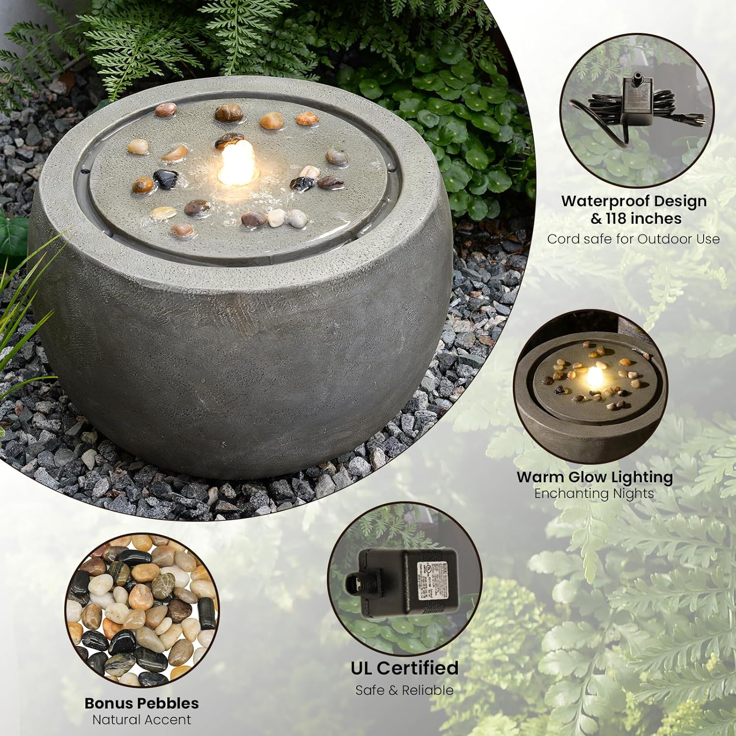 Tankana Garden Water Fountain Outdoor Bubbler Water Feature Indoor with Lights & Pump and Pebbles Waterfall Fountains Concrete Effect for Patio Deck Yard Home Decor Gray, 18 "L x 18" W x 11.5" H