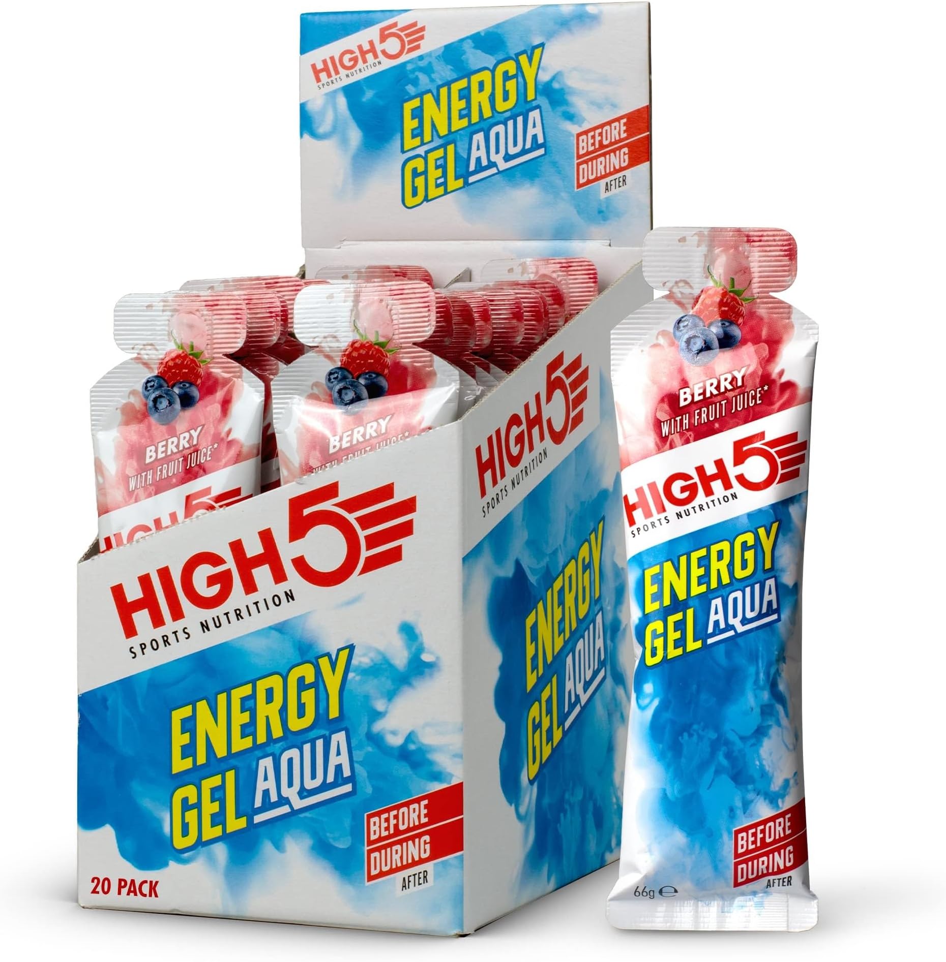 HIGH5 Energy Gel Aqua - Quick Release Sports Gels to Power Muscles for Peak Performance - Natural Fruit Juice & Caffeine-Free - Energy Boost for Running, Cycling and Endurance (Berry, 20 x 66g)