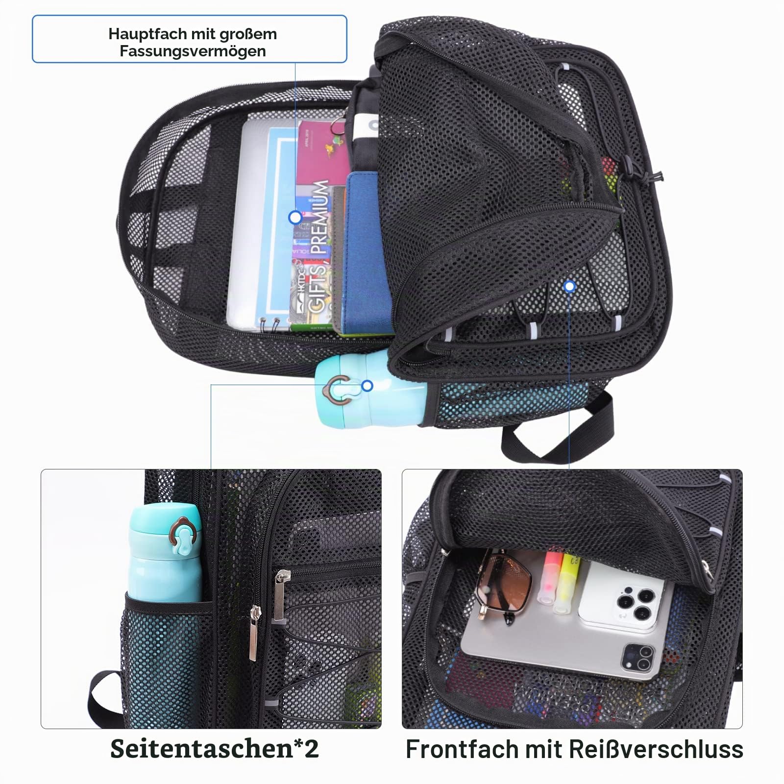 TINYAT Netz-Rucksack für Damen und Herren, strapazierfähig, durchsichtig, transparent, für Strand, Reisen, Fitnessstudio, Schwimmen, Schwarz/8010