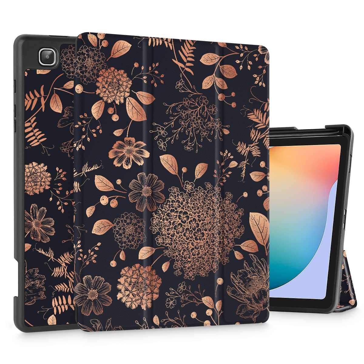 May Chen Case 2022/2020 Galaxy Tab S6 Lite 10.4 inch Case with Pen Holder, Auto Wake/Sleep Slim PU Lightweight Trifold Stand Folio Cover for Samsung Tablet (SM-P610/P613/P615/P619), Floral Black