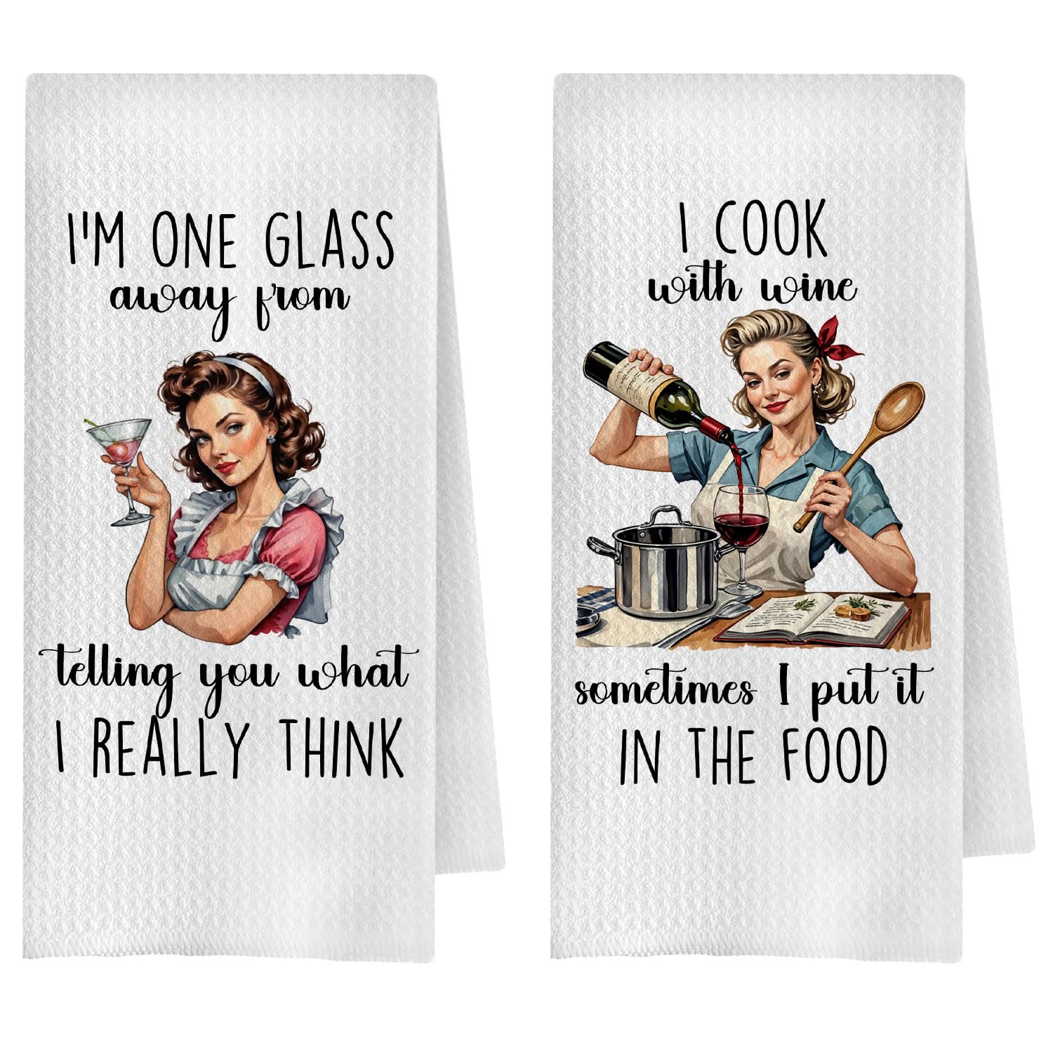 ChenCraty Funny Retro Housewife Hostess Kitchen Towels Set of 2, Hostess Gifts for Women Dish Tea Towels for Kitchen Decor, Sarcastic Gifts for Women