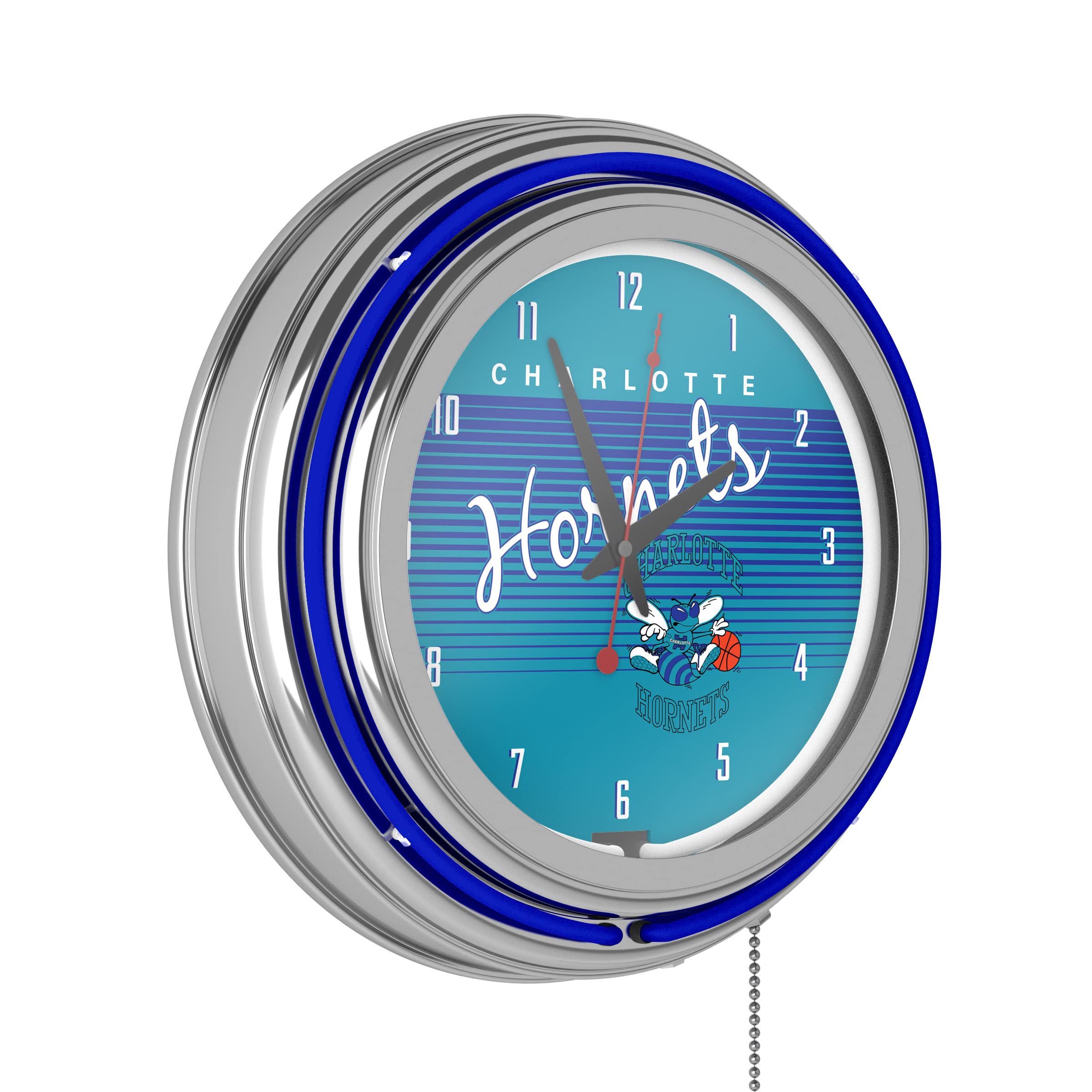 Neon Clock - Retro Charlotte Hornets Hardwood Classics Analog Wall Clock with Pull Chain - for Kitchen, Garage, Game Room, or Home Bar by Trademark Gameroom