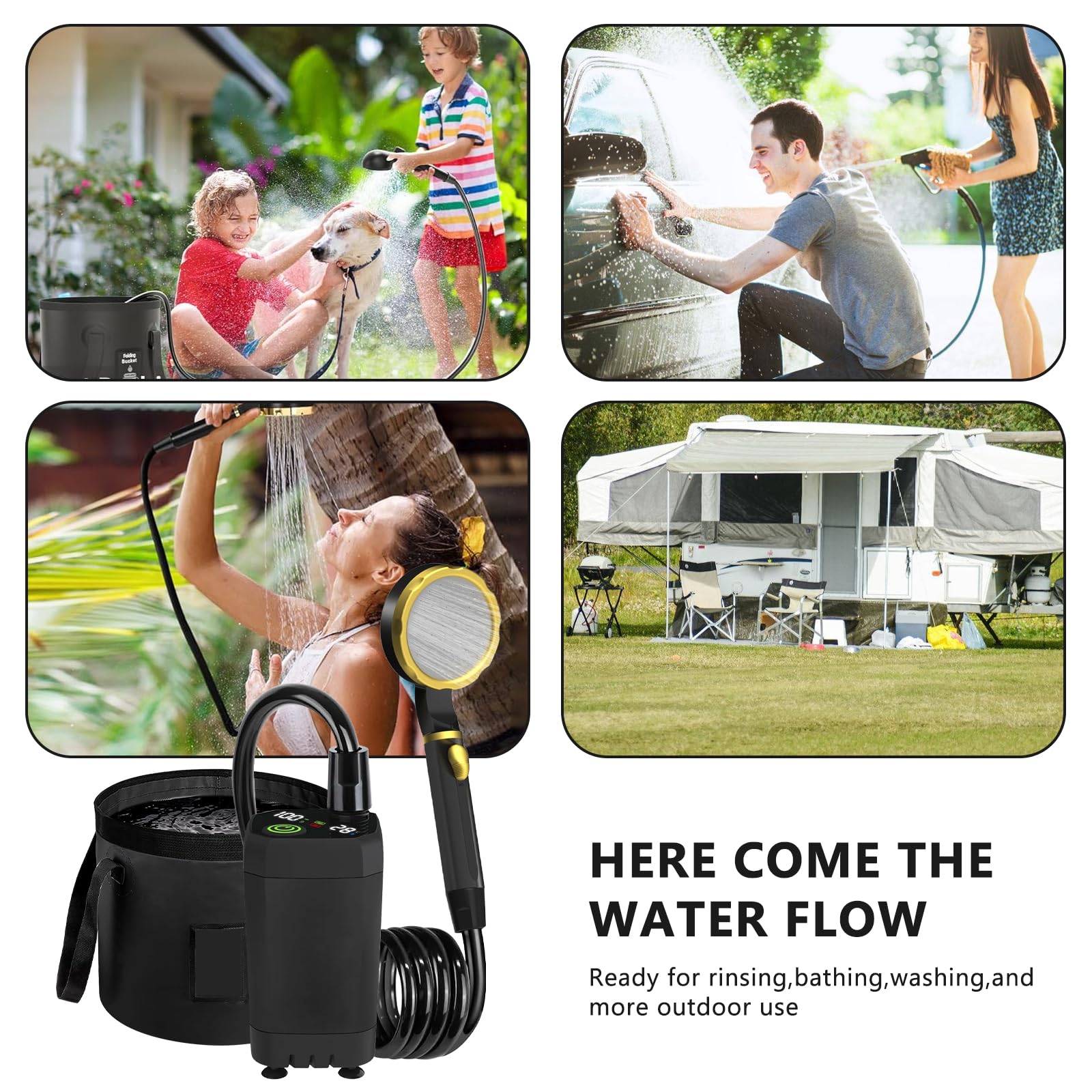 GBKDQQ Doccia da Campeggio Portatile, Doccia da Campeggio con Batteria da 6000mAh, Secchio Pieghevole da 20L, Indicatore di Temperatura, Testa Doccia e Tubo da 2m per Lavaggio Auto, Giardino, Spiaggia