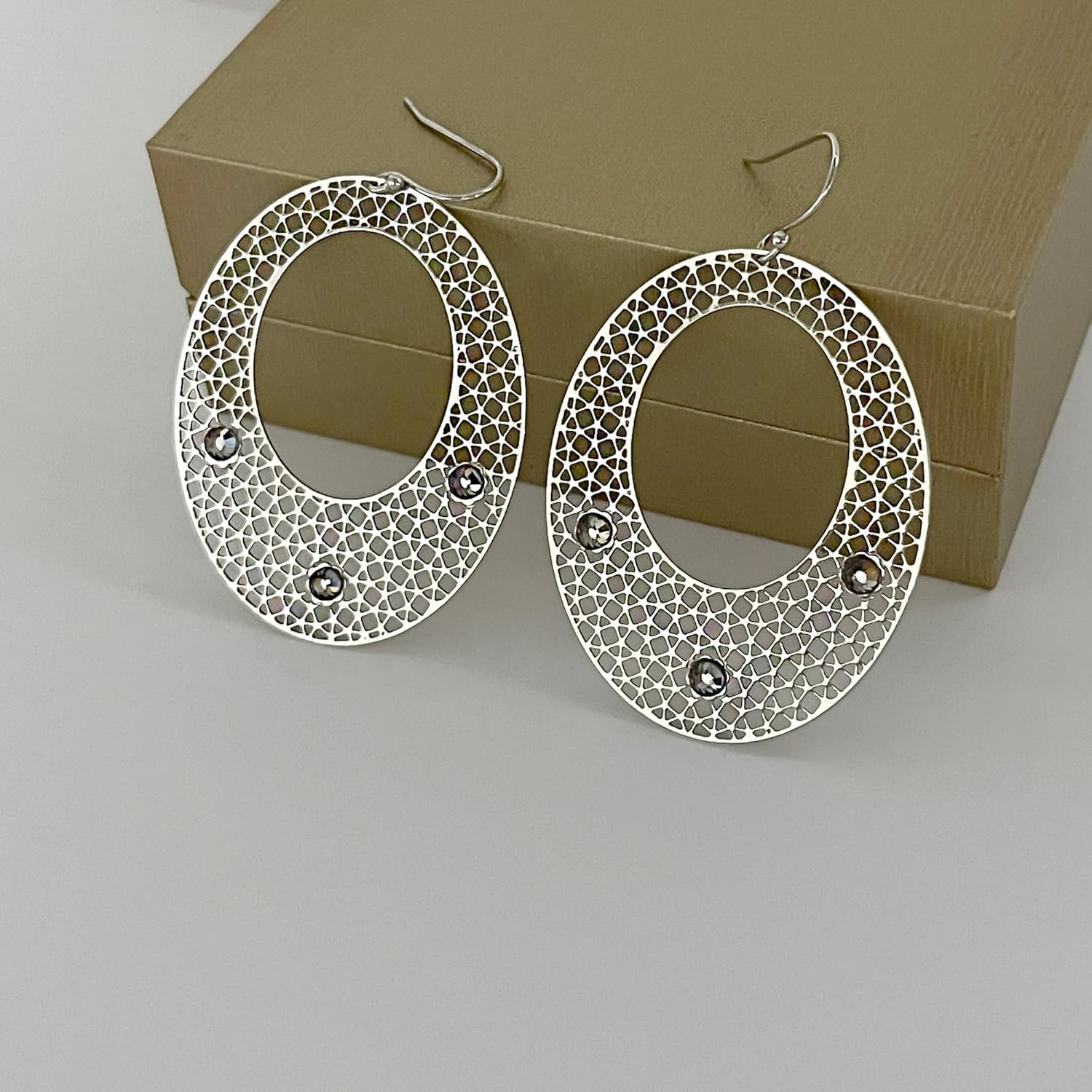 Handmade Lightweight Filigree Oval Dangling Earrings for Women, Sterling Silver Hooks - Image 3