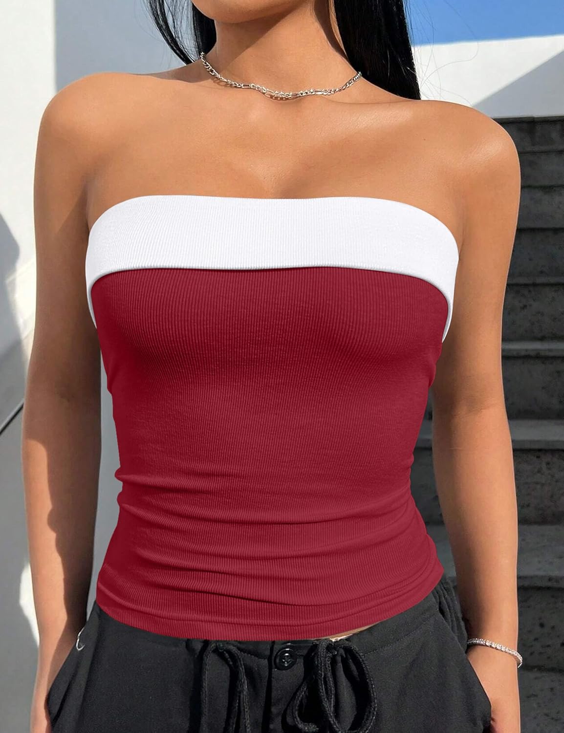 OLCHEE Womens 2PK Tube Tops Off Shoulder Seamless Ribbed Strapless Sleeveless Side Ruched Slim Fitted Summer Going Out Top - Image 2