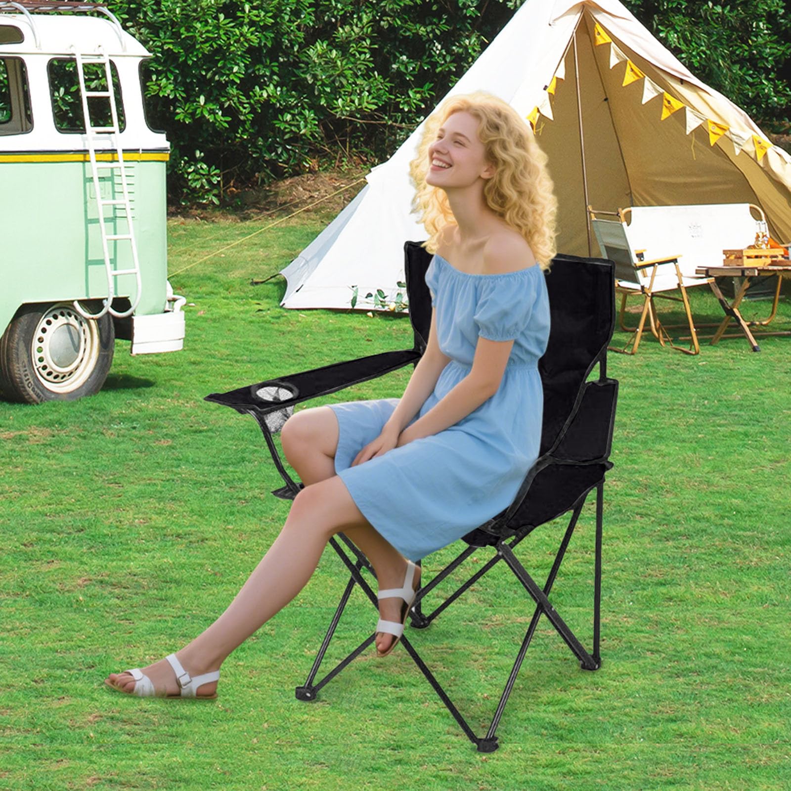 HaSteeL Lot De 3 Chaises De Camping Pliantes, Noires Et Table Grise, Grande Chaise De Pelouse Portable Pour Adultes, Randonnée, Pêche, Pique-nique, Barbecue En Plein Air, Voyages, Sports