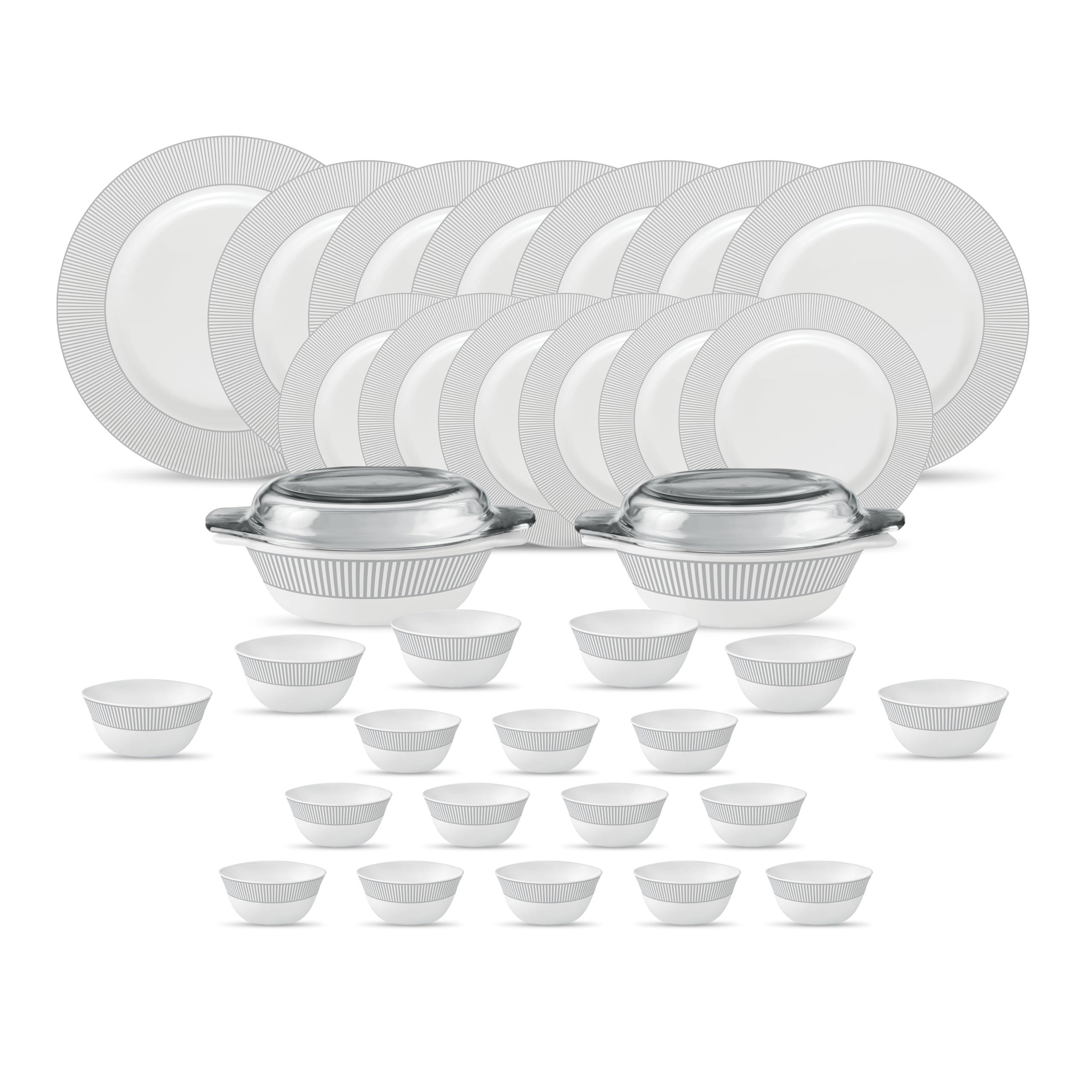 La Opala Diva Velvett Collection Opal Glass Crockery | for Family of 6 | Dinner Set 35 pcs Imperial Grey | Plates & Bowls for Dining | Microwave Safe | 100% Vegetarian | Extra Strong | Light & White