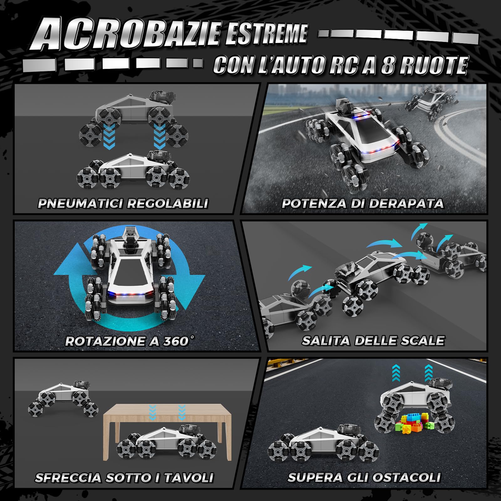 Macchina Telecomandata RC 8 Ruote Acrobatica, Veicolo Fuoristrada con Telecomando & Controllo Manuale, Luci LED, Musica, Spray, Giocattolo Bambini 5-11 Anni, Regalo di Natale per Ragazzi Ragazze