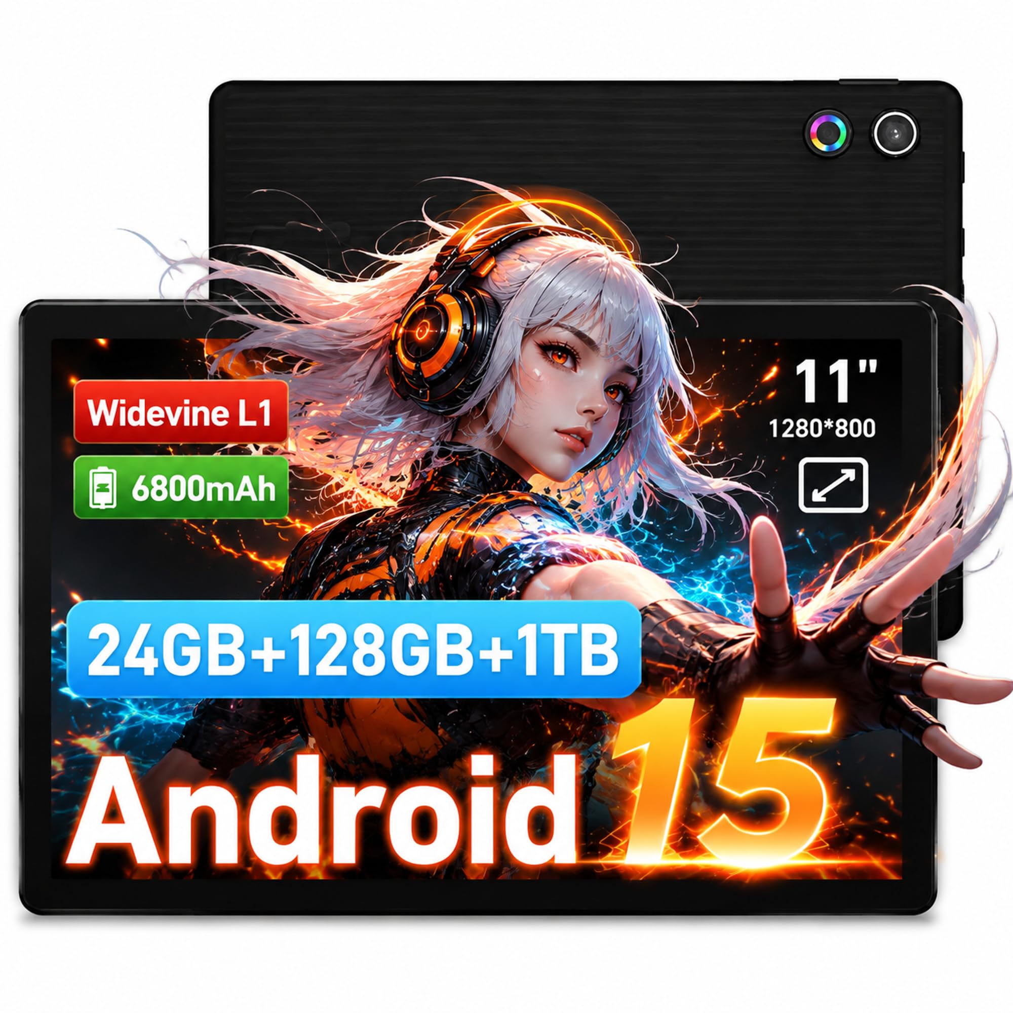 Tablet, Tablet Android de 11 Pulgadas, 24 GB RAM 128 GB ROM Ampliable hasta 1 TB, Octa-Core, Batería de Gran Capacidad de 6800 mAh, Cámara Dual, Desbloqueo Facial (Negro)