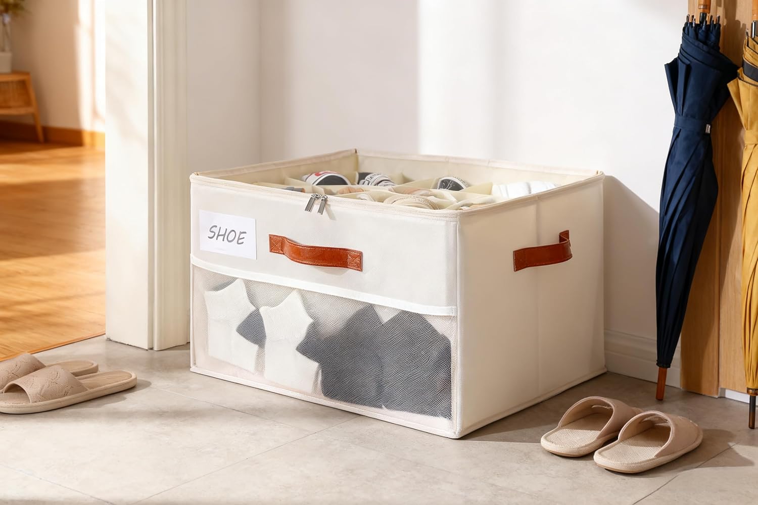 shoe organizer for closet, shoe storage box, foldable shoe box with adjustable dividers and clear cover, closet shoe organizer fits up to 16 pairs, 1-pack, extra storage pocket for socks 1 pack white