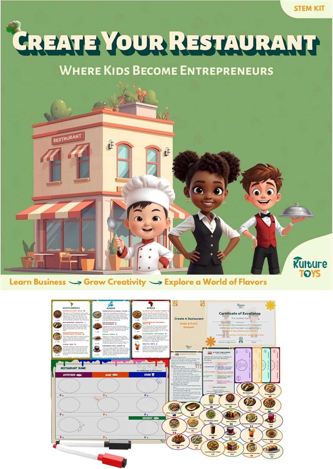 Kulture Games Create Your Restaurant Play Kit - Kids Pretend Play Set STEM Educational Toy - Magnetic Menu Board 24 Food Magnets Play Money - Entrepreneurship Learning Toys Ages 8 Up - Gift Kids