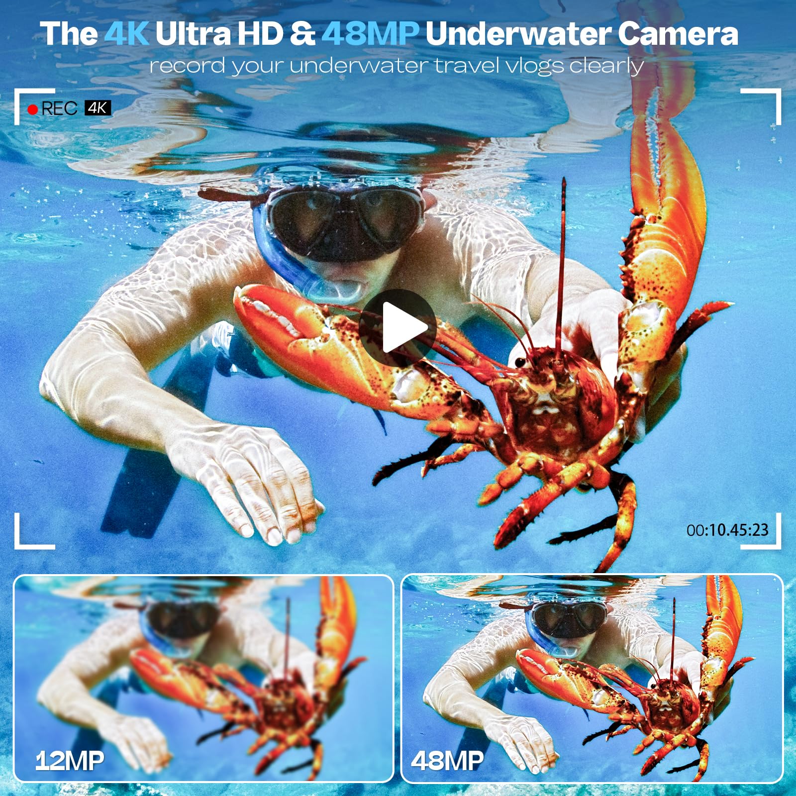Appareil Photo Numérique HICSHON 4K étanche 48 MP Autofocus Caméra sous-Marine avec Carte mémoire 64 G Selfie Dual écrans avec Zoom 16X, Compact pour Enfants/débutants (Bleu)