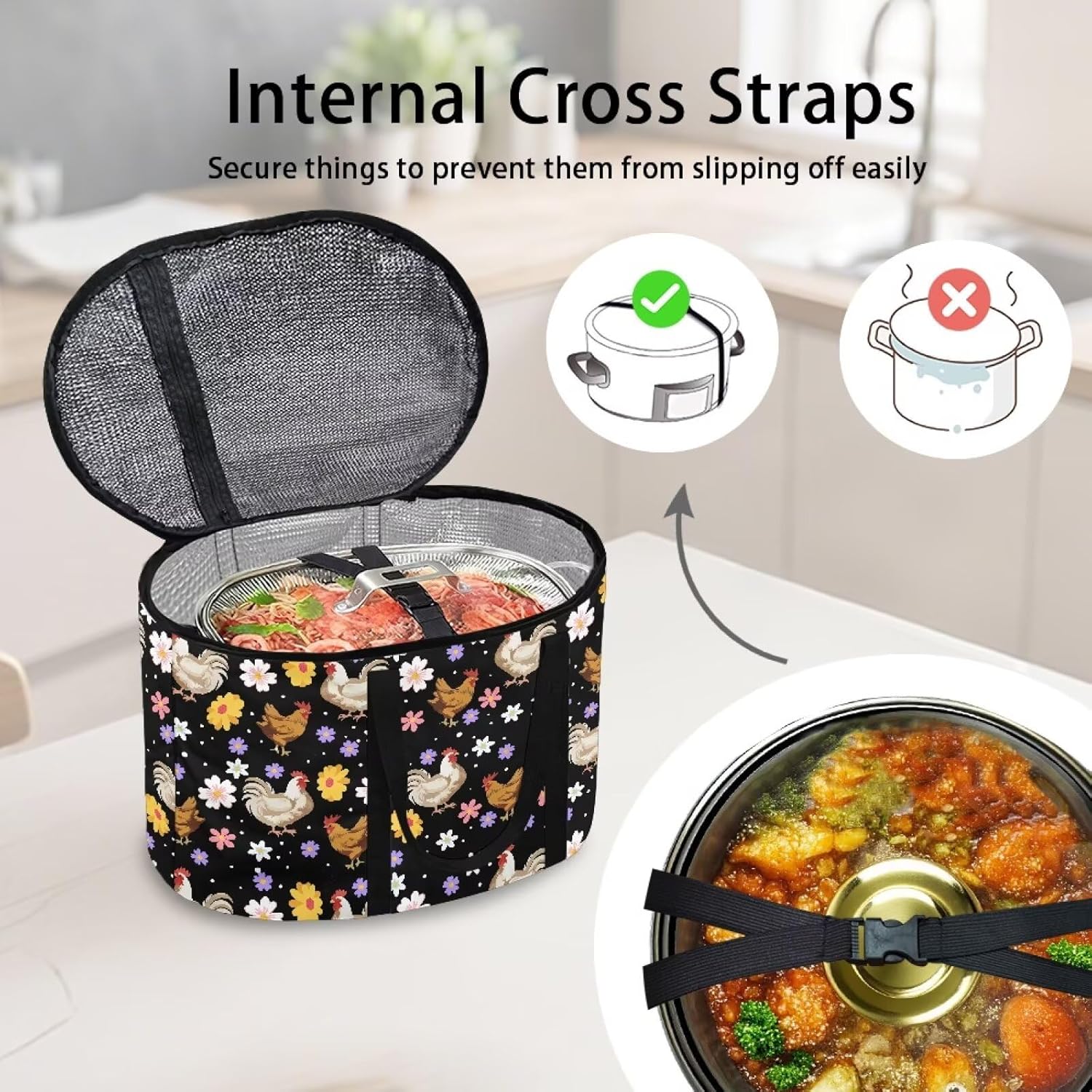 Rooster Flower Dust Cover for 6-8 Quart Oval Slow Cooker Cover Replacement Novelty Kitchen Appliance Bags for Air Fryer, Pressure Cooker Accessories