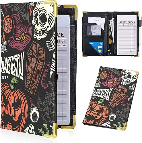 Libros para camarera Cartera de cuero sintético con estampado de Halloween para camarero con bolsillo con cremallera, diseño de calaveras y