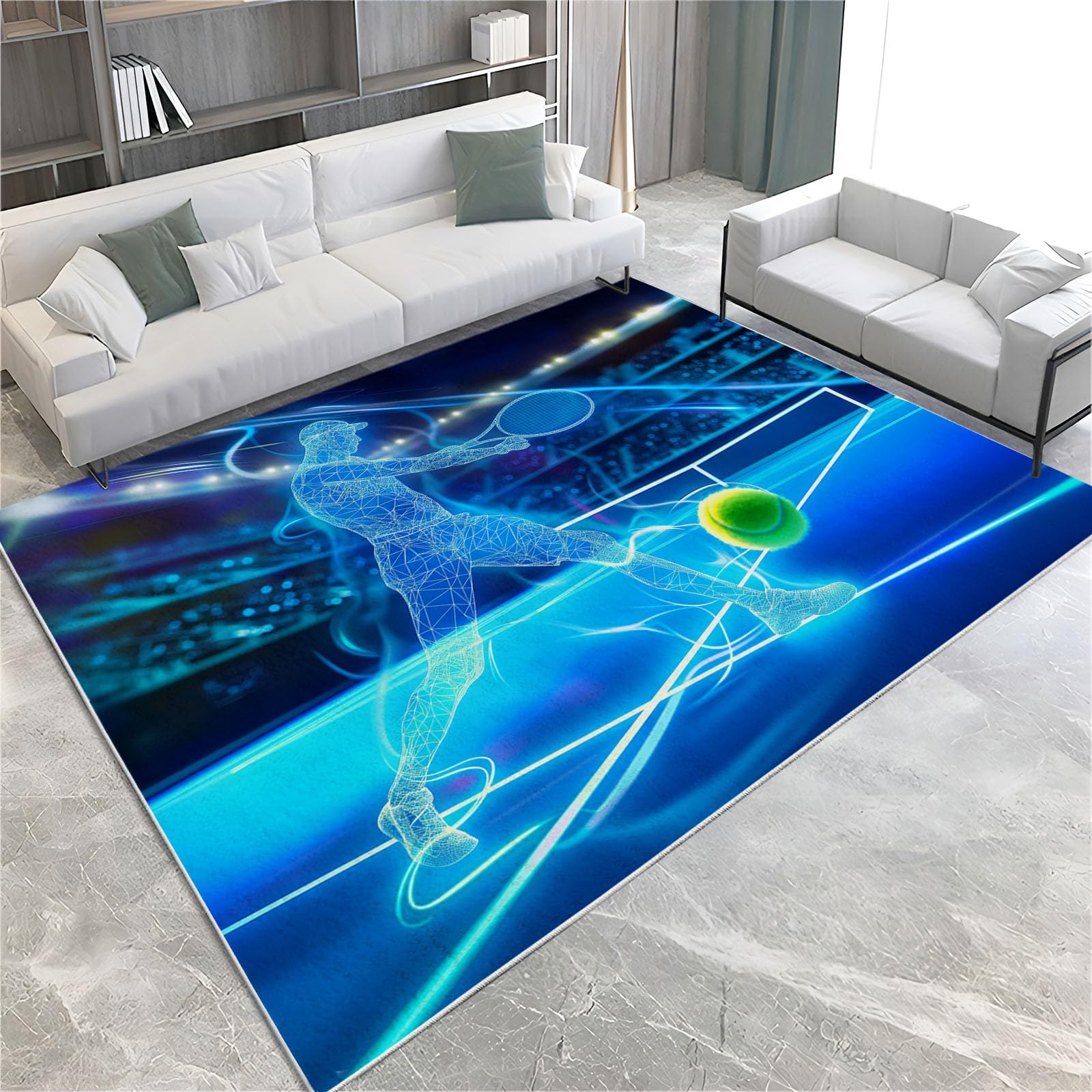 Flanell Teppich für Kinder, Tennis Sport Kurzflor Spielmatte mit Rutschfester Bodenmatte, Weich & Waschbar für Wohnzimmer Schlafzimmer Kinderzimmer 140x200 cm Spielelemente