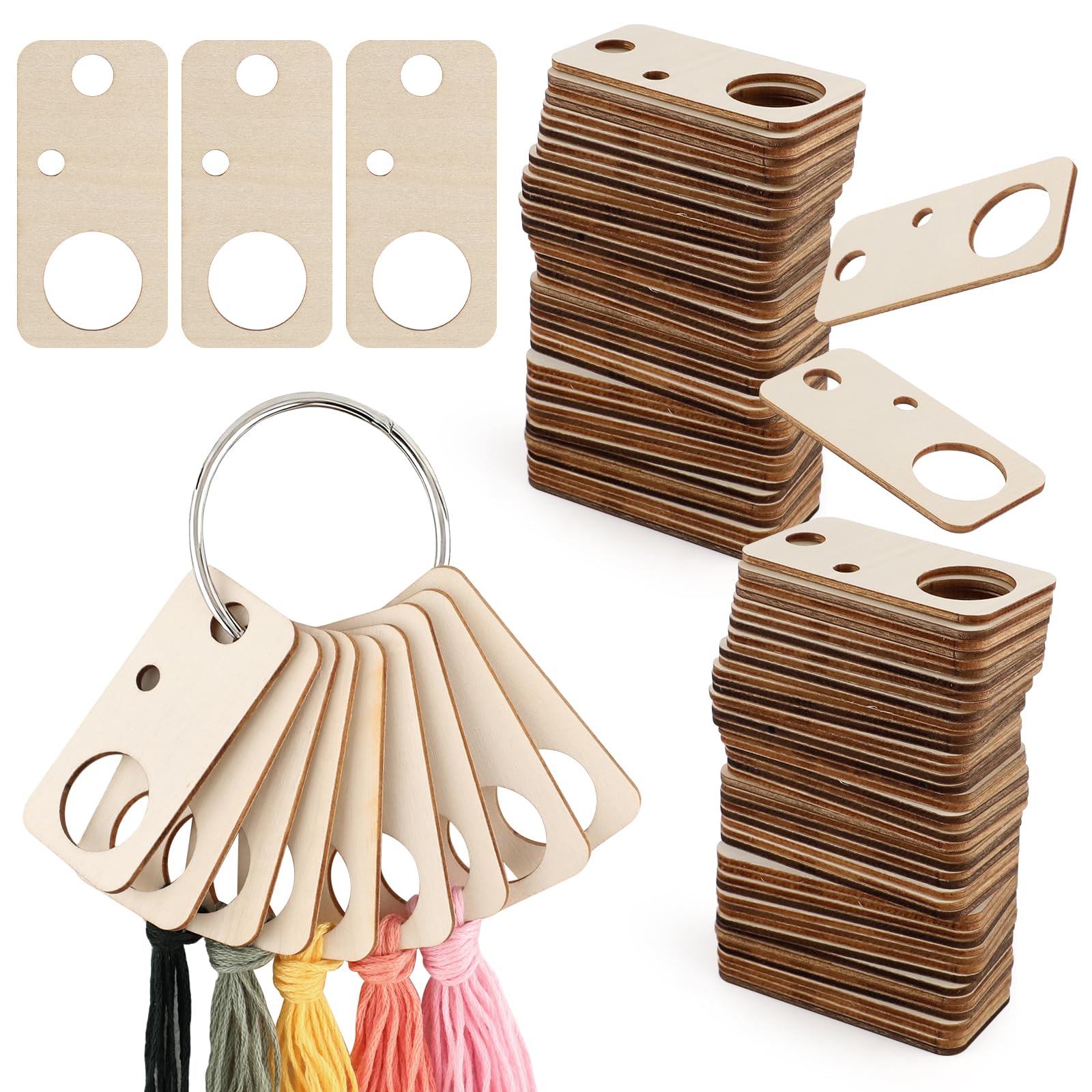 100Pcs Wooden Cross Stitch Sewing Tools, 3x6cm Embroidery Floss Organizer with Metal Thread Ring, Floss Drops, Cross Stitch Thread Organizer, Embroidery Floss Storage, Wood Rectangle Floss Bobbins (D) โ image 1