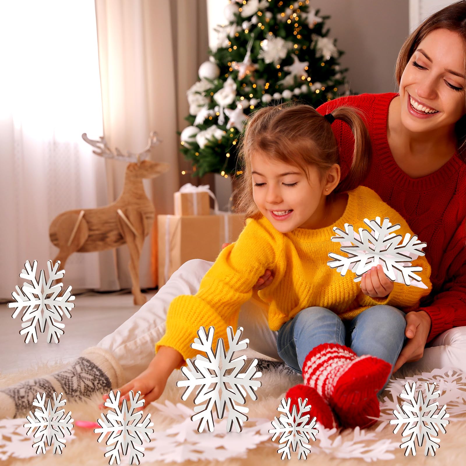 Tuanse 10 Pieces Winter Wooden Snowflake Decorations 3D Snowflake Tabletop Decor Farmhouse Standing Table Sign Snowflake Centerpiece for Winter Party Porch Wall Fireplace Tray, White