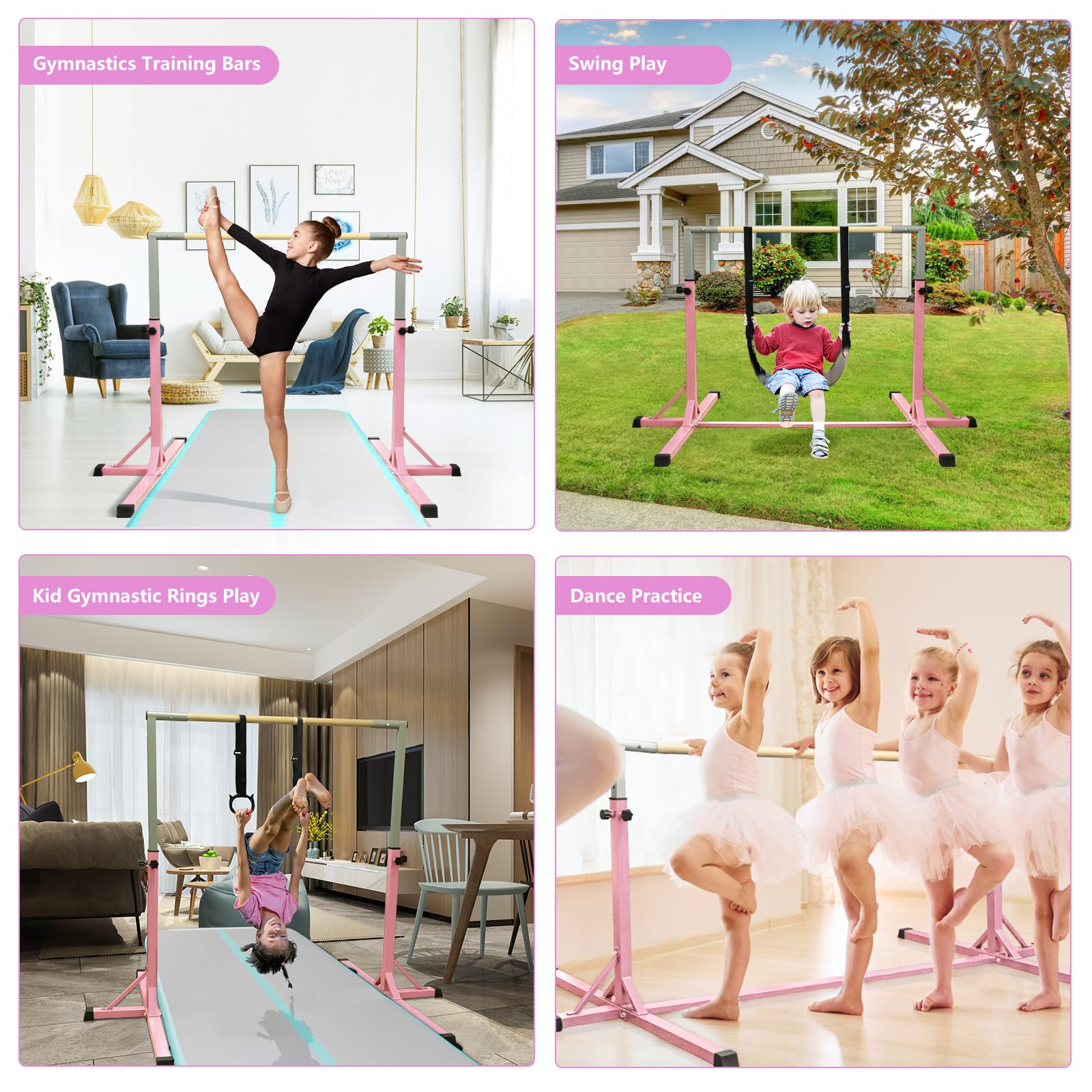 FBSPORT Barra de Gimnasia para Niños Barra Horizontal de Gimnasia con 13 Altura Ajustable de Barra de Entrenamiento con Anillos de Gimnasia Barra de Entrenamiento de Gimnasia expandible Junior Rosa
