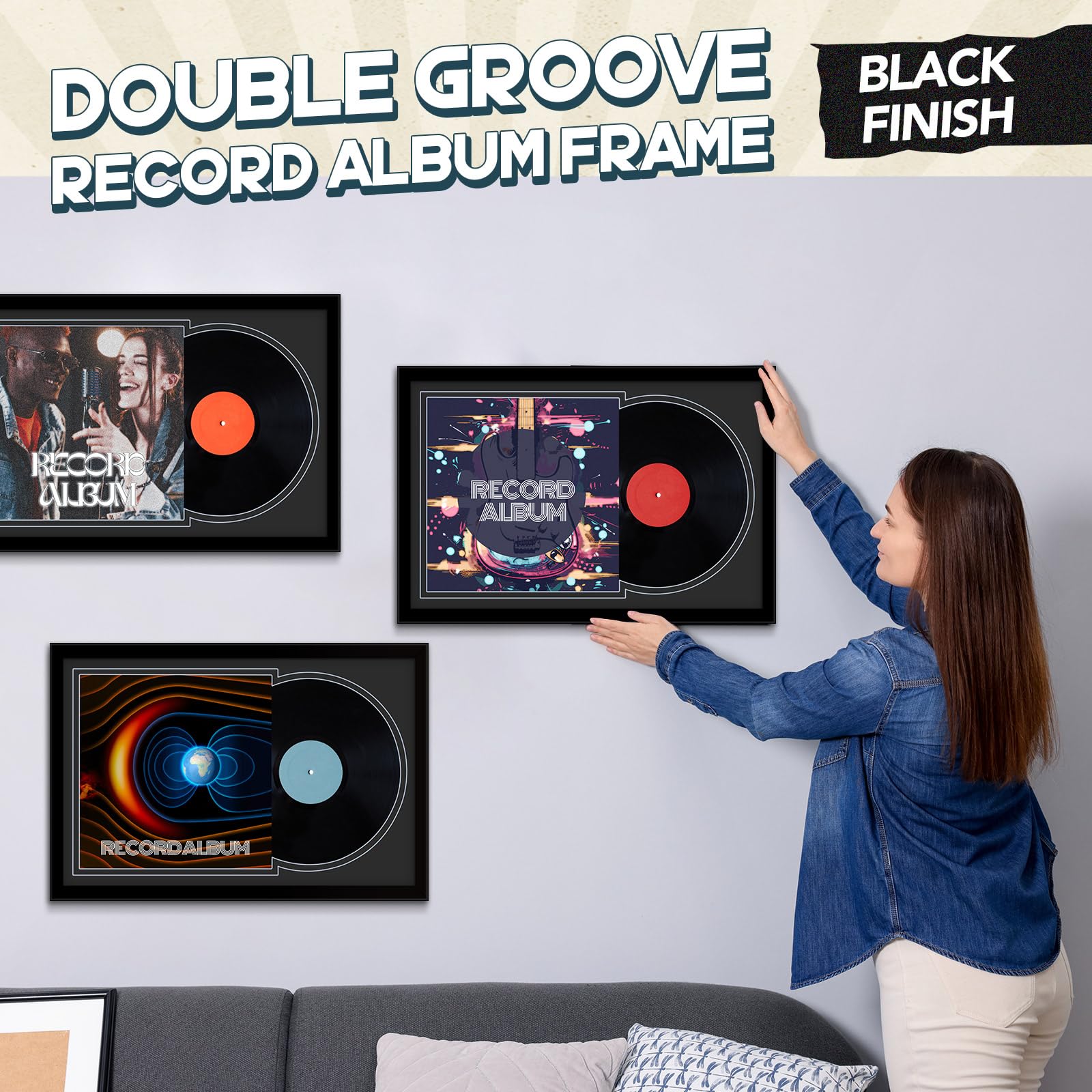 Colingmill 2 marcos de discos de vinilo, marco de disco de doble ranura para montaje en pared para cubierta LP de 12 x 12 pulgadas, marco de exhibición de discos de vinilo negro para oficina en casa,