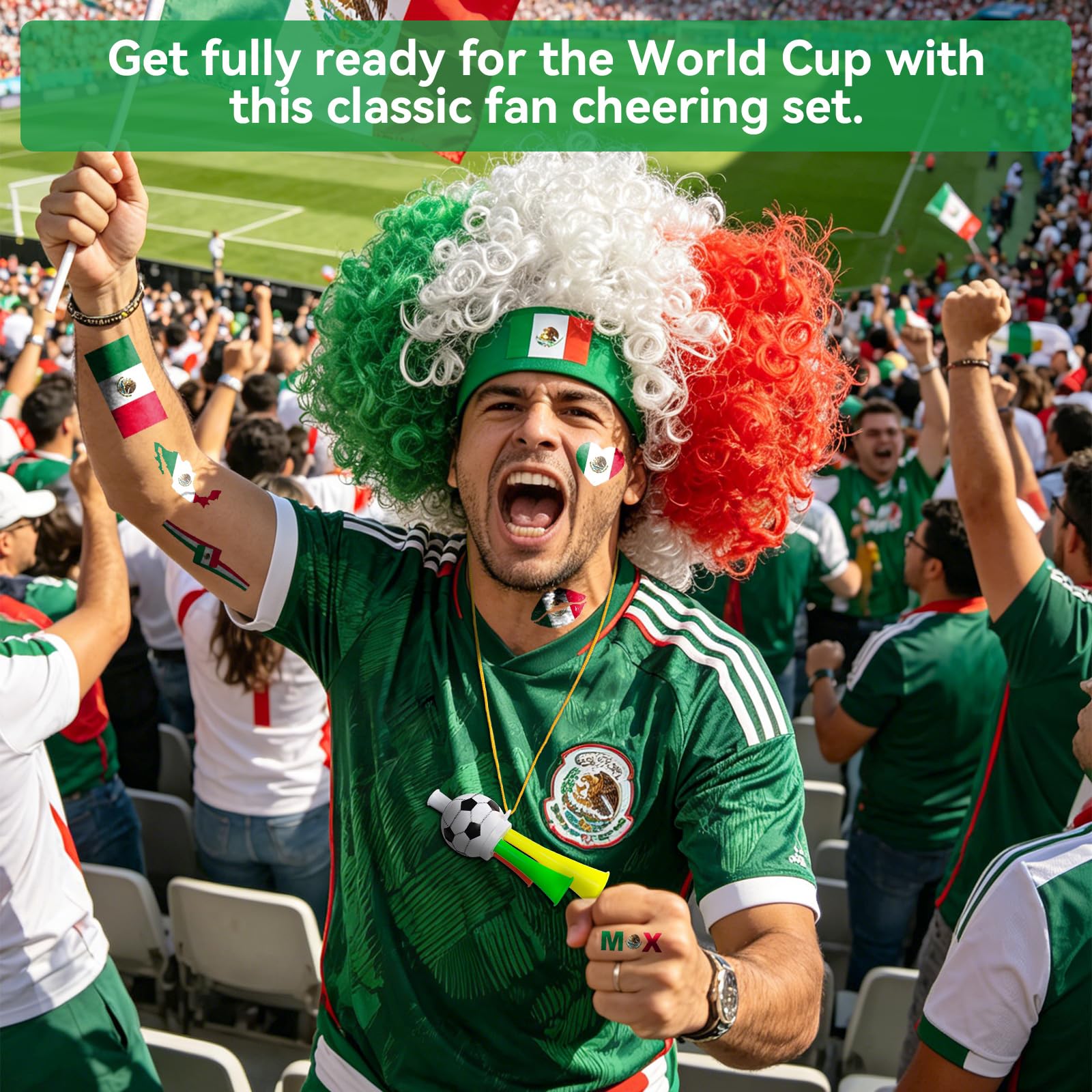 2026 Soccer Fan Gear Set – Mexican Flag Clown Wig, Temporary Tattoos & Loud Horn – Cheer Accessories for International Football Matches, Stadium Parties & Global Tournament Celebrations — view 2