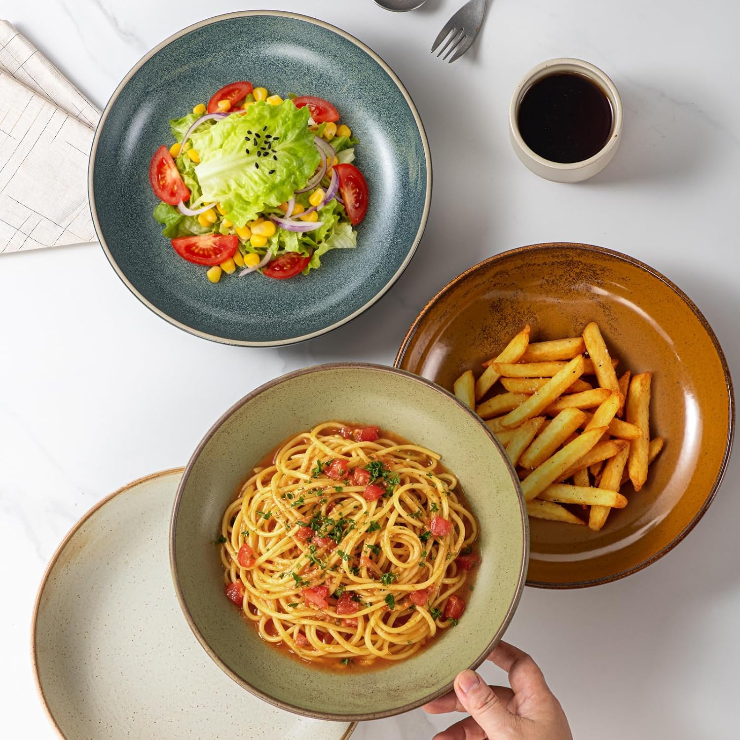 HAPPY KIT Pasta Bowls Set of 4, 9'' Large Stoneware Bowl,42 oz, Four Colors