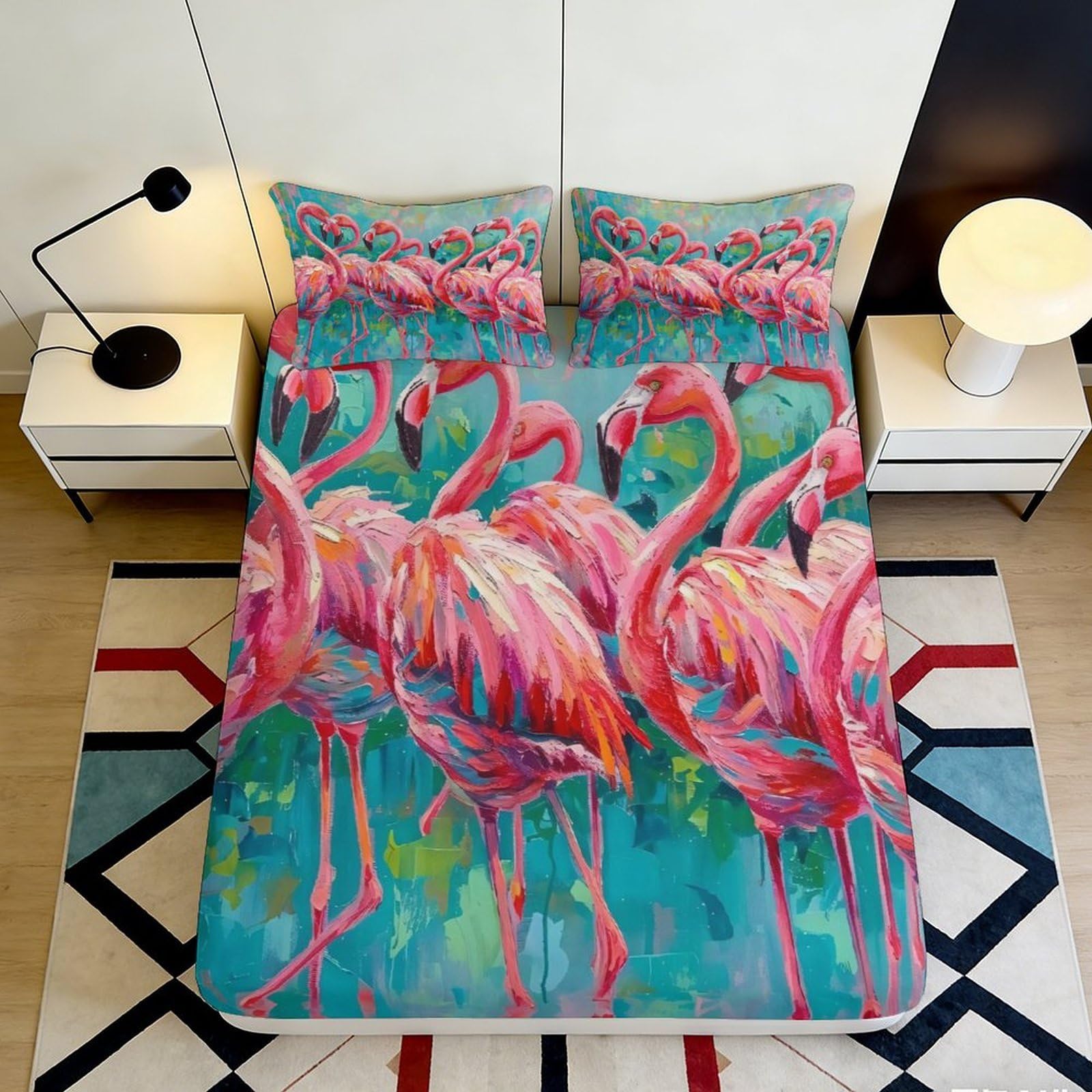 3D Printed flamingo fitted sheet with vibrant teal pink art, soft touch microfiber, wrinkle resistant, home decor, apartment bedding 90x200x25cm