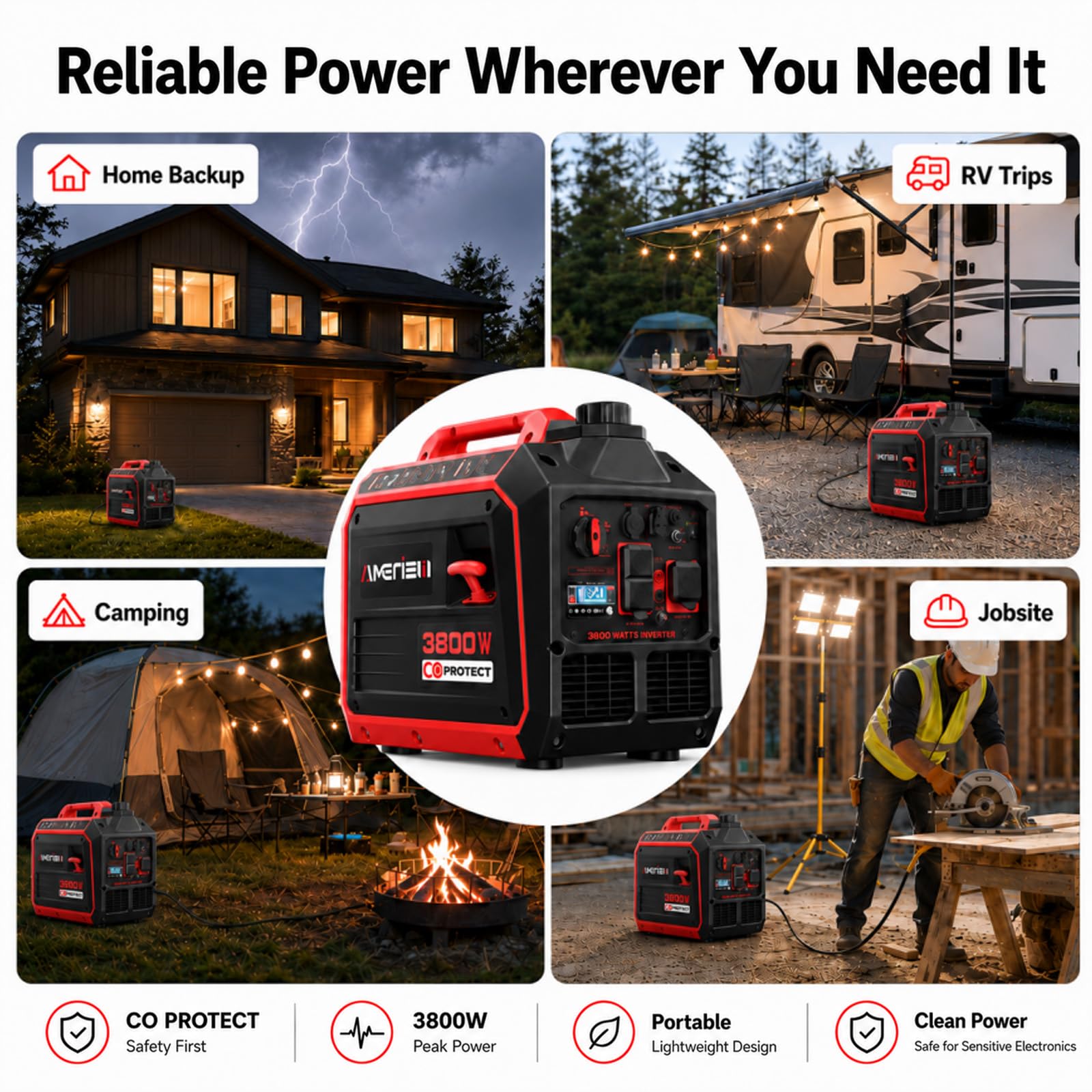 AMERISUN Generatore inverter portatile alimentato a gas da 3800 W, generatore silenzioso con sensore CO modalità ECO, capacità parallela, lunga durata, conforme EPA per tailgating casa campeggio uso