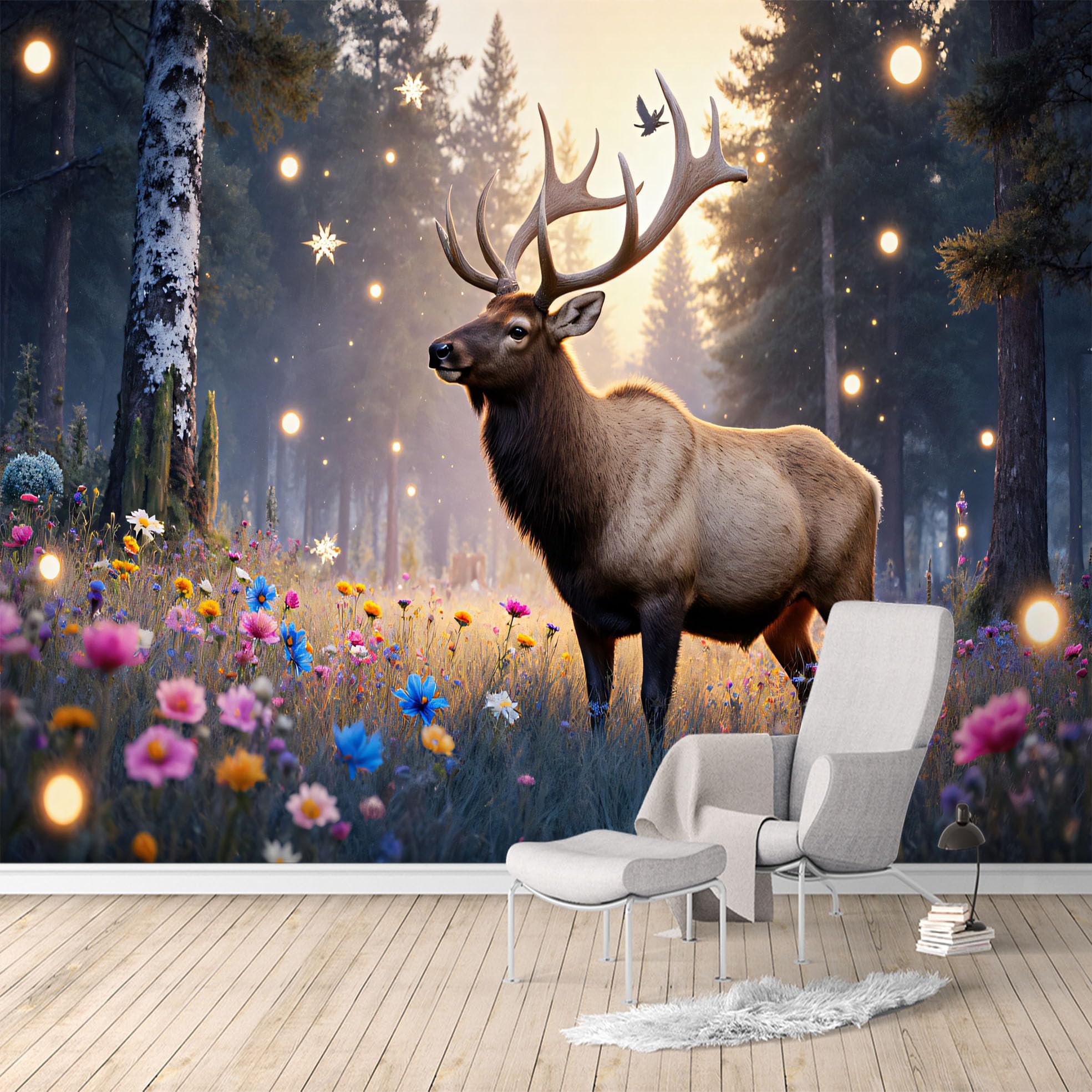 Custom Size Wall Mural,Majestic Deer Enchanted Forest Wildflowers Magical Lights,Removable Self Adhesive Large Wallpaper Mural for Living Room Bedroom Office Home Decor