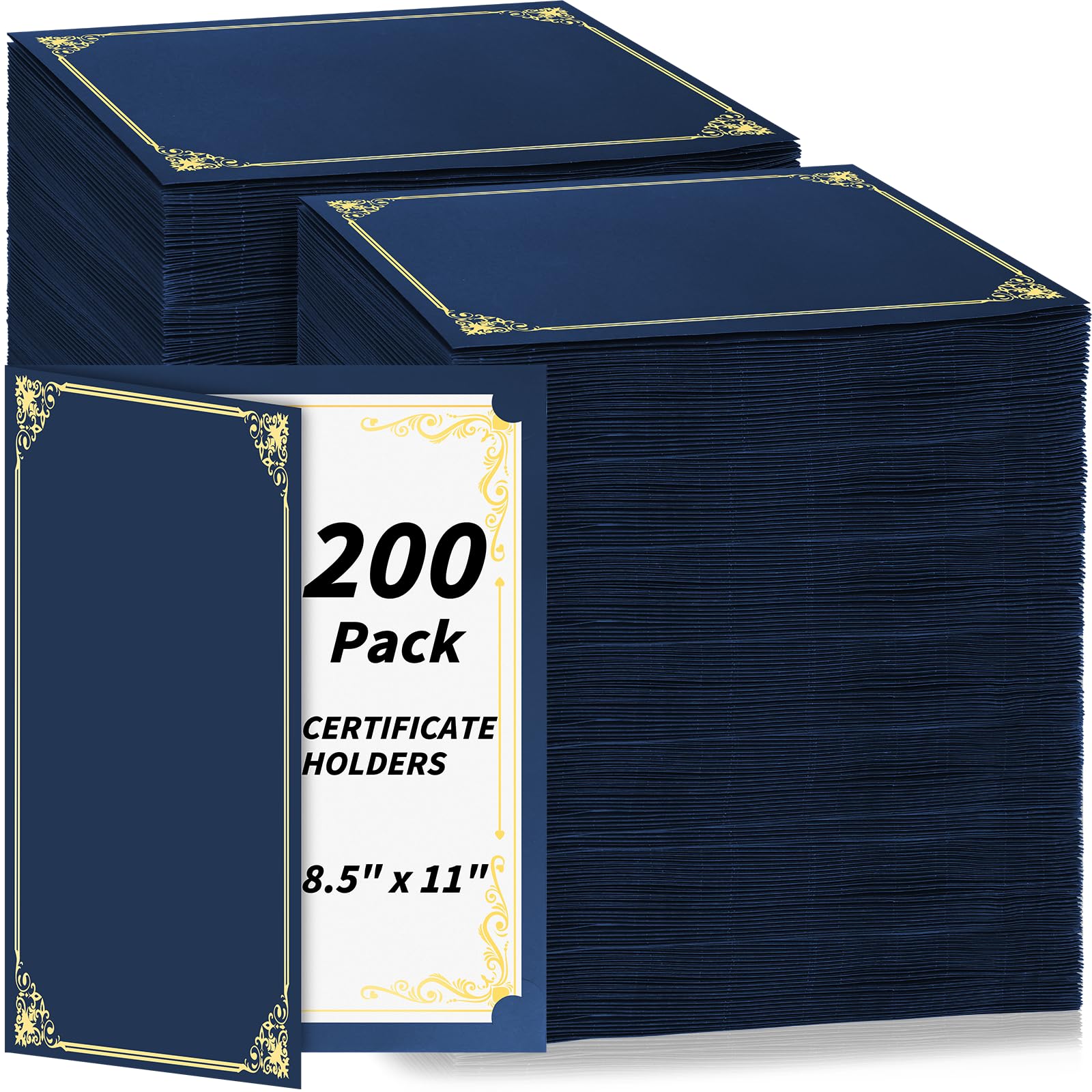 200 Pcs Certificate Holders Bulk, Navy Blue Diploma Covers Gold Foil Border, Document Covers for Letter Size 8.5x11" Award Certificates, Cardstock, Document Papers, Graduation